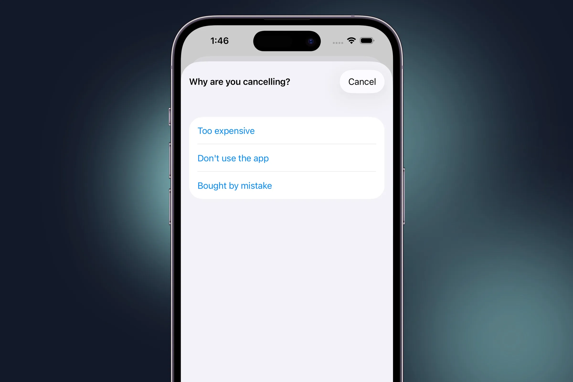A short survey asking why the user is cancelling, with answers such as Too expensive and Bought by mistake.