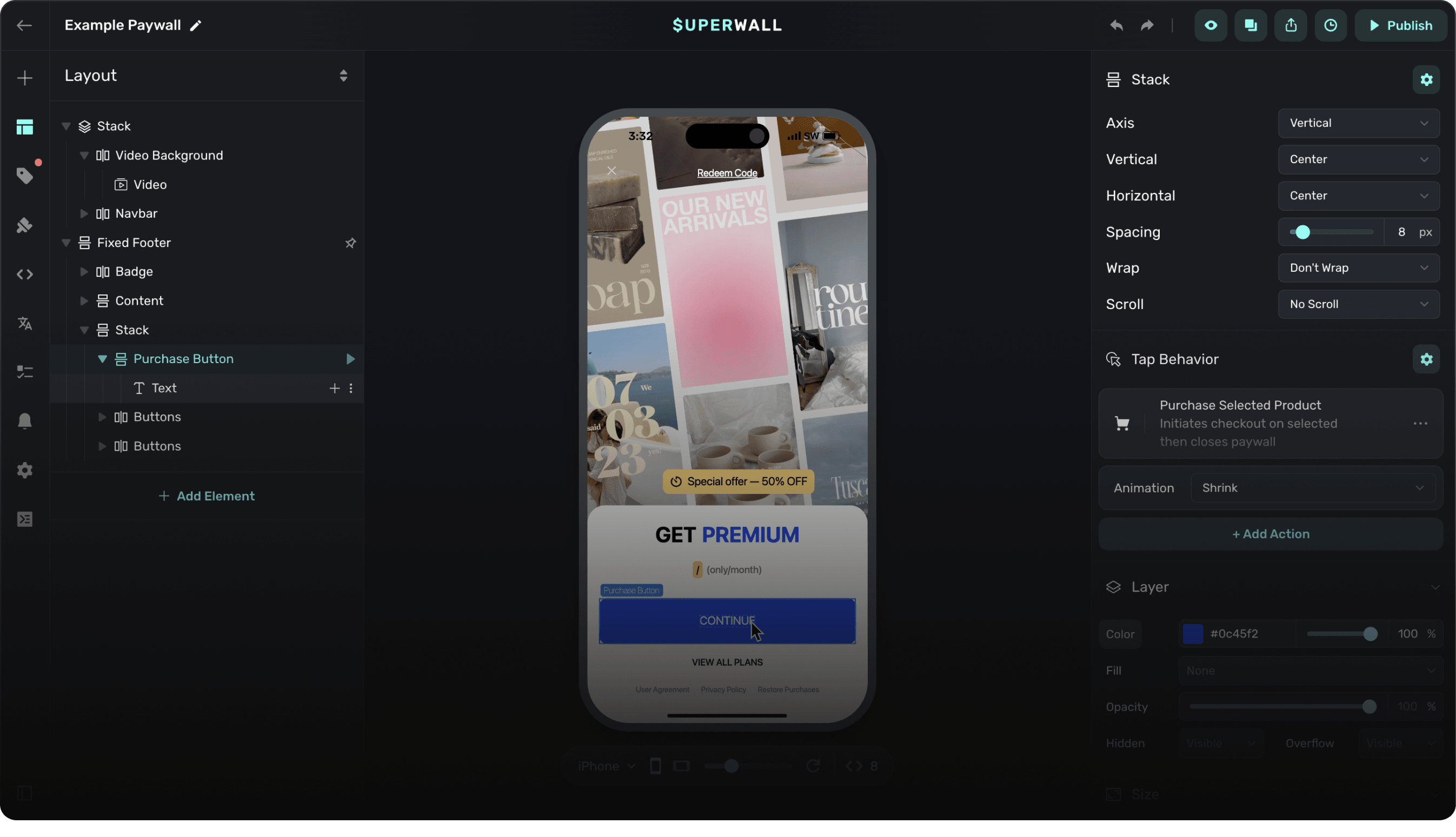 Paywall Editor preview