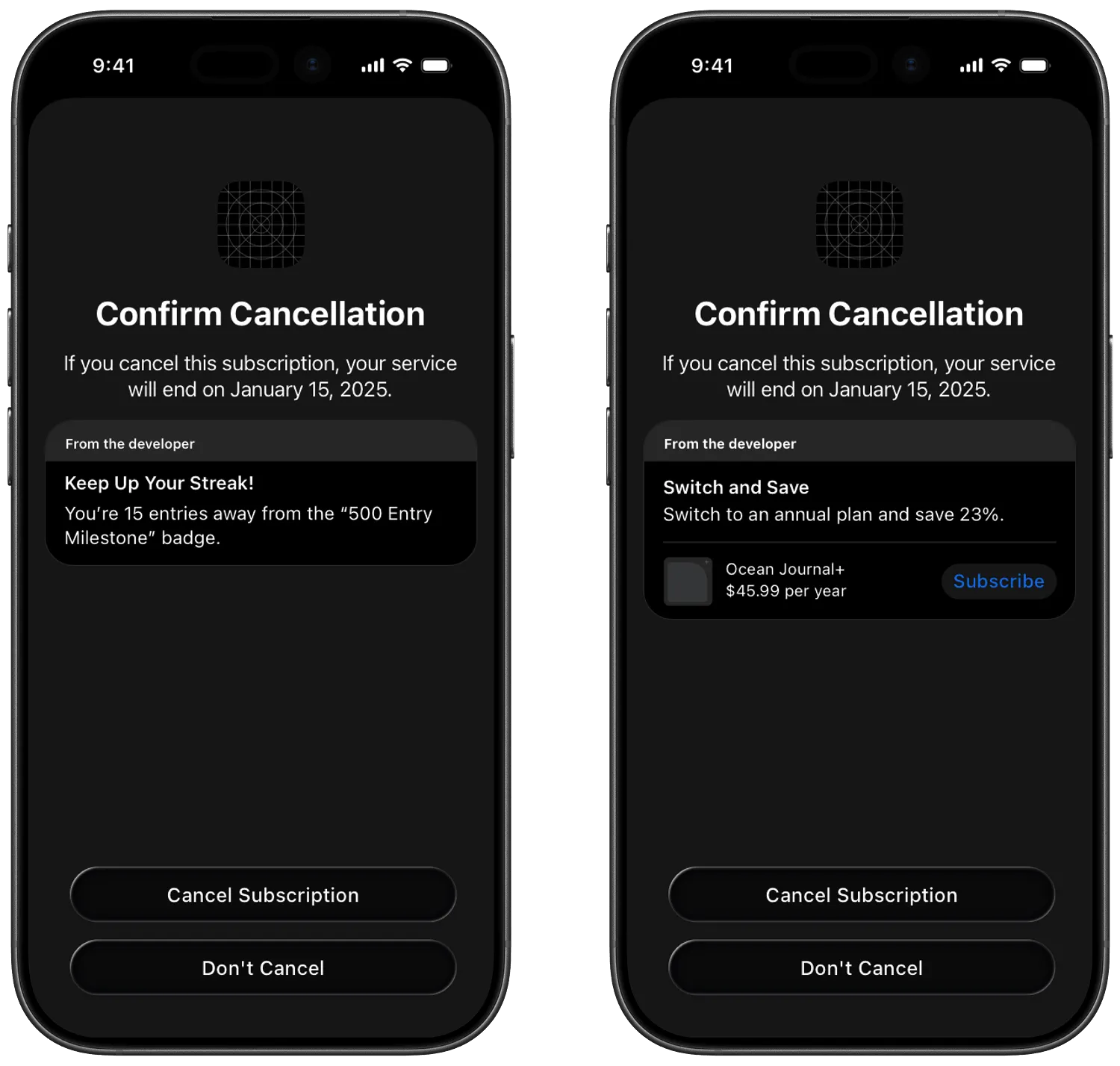 Two examples of Apple's Retention Messaging on the iOS cancellation screen: a loss-framed text message referencing a usage streak (left) and a switch-plan offer for an annual subscription (right).
