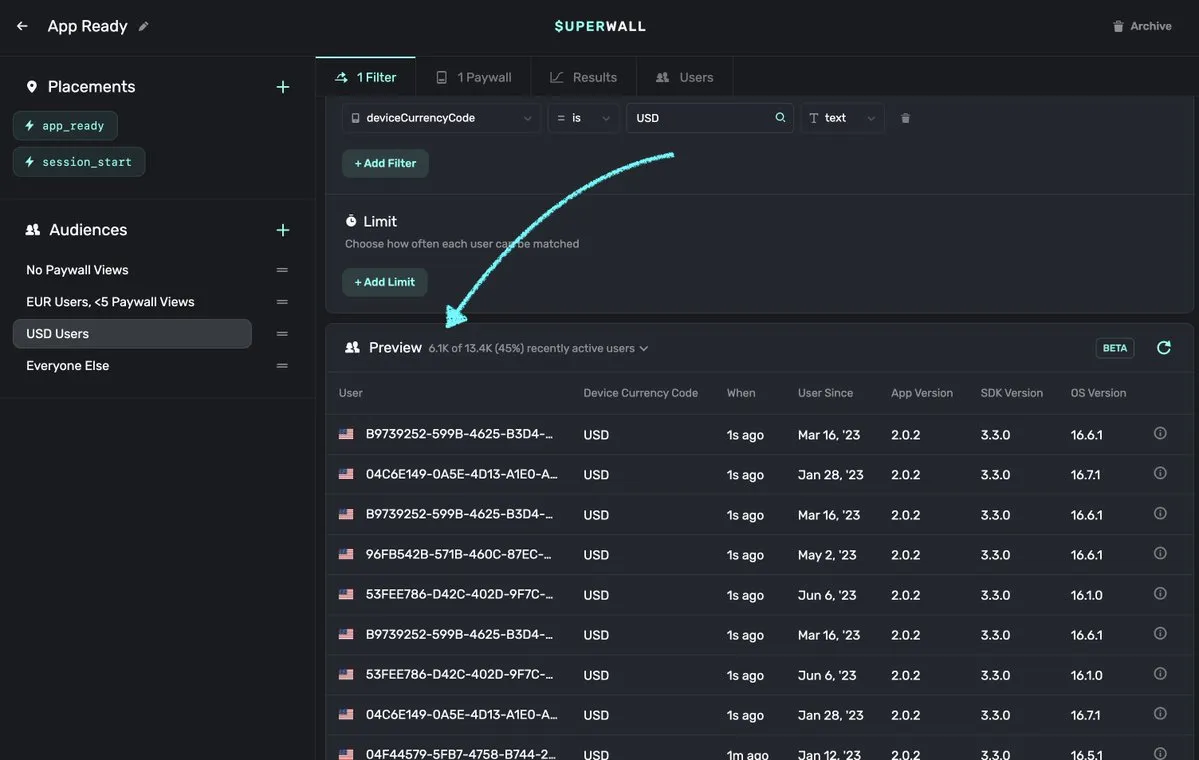 Audience preview showing the percentage of active users a rule targets