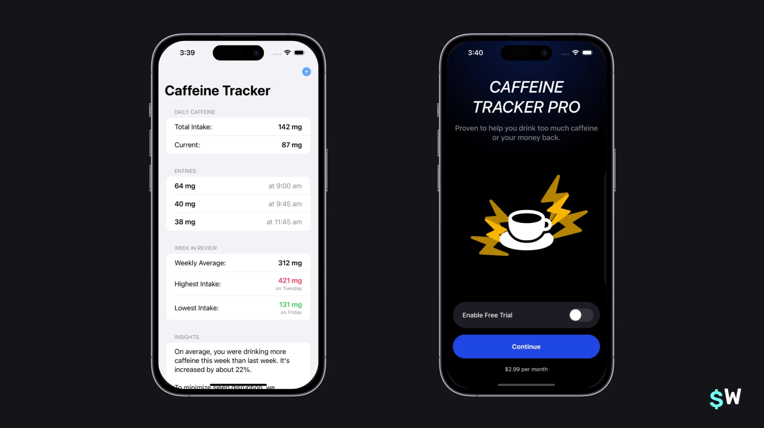 Paywall presentation in an indie iOS caffeine tracking app