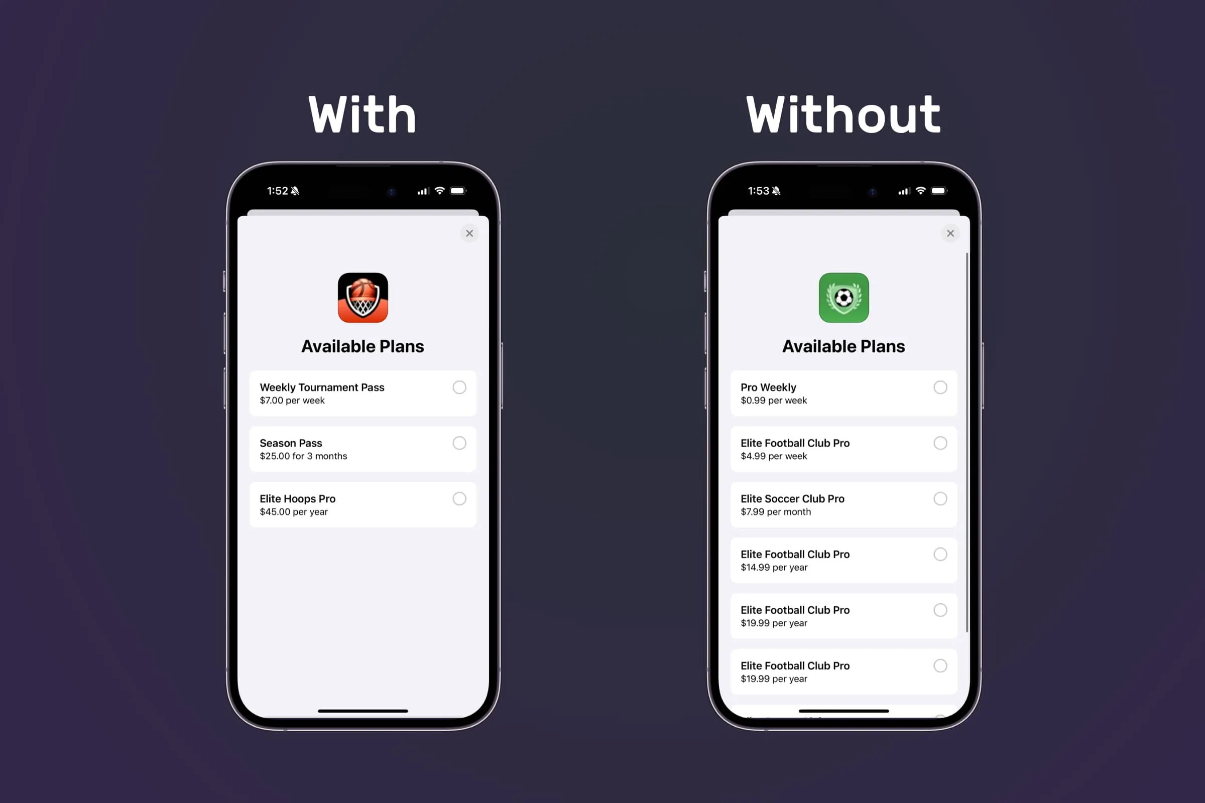 Apps segmenting products by subscription groups versus using one group