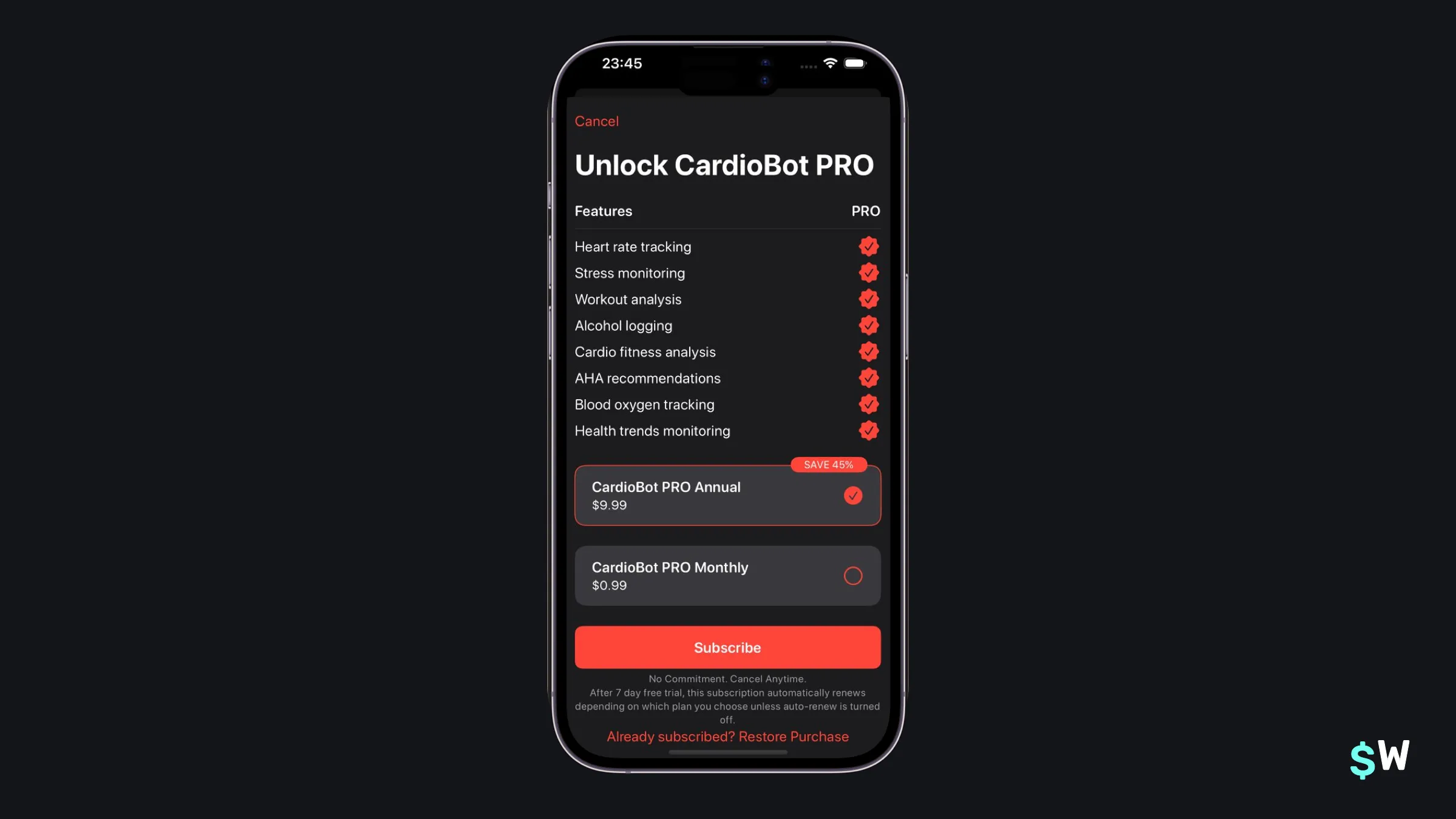 Cardiobot paywall combining a feature list, yearly discount, and all plans