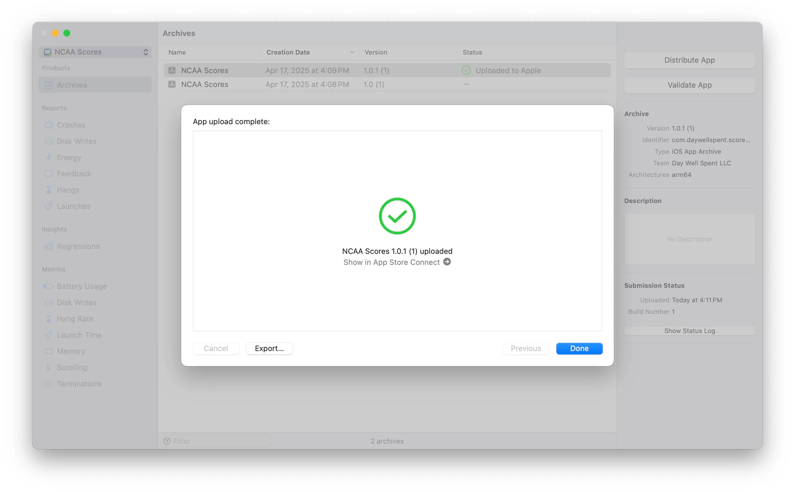 Confirmation screen shown once the archive is uploaded