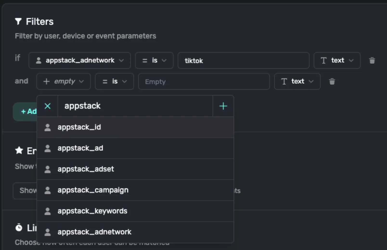 The list of available Appstack properties in Superwall's filters