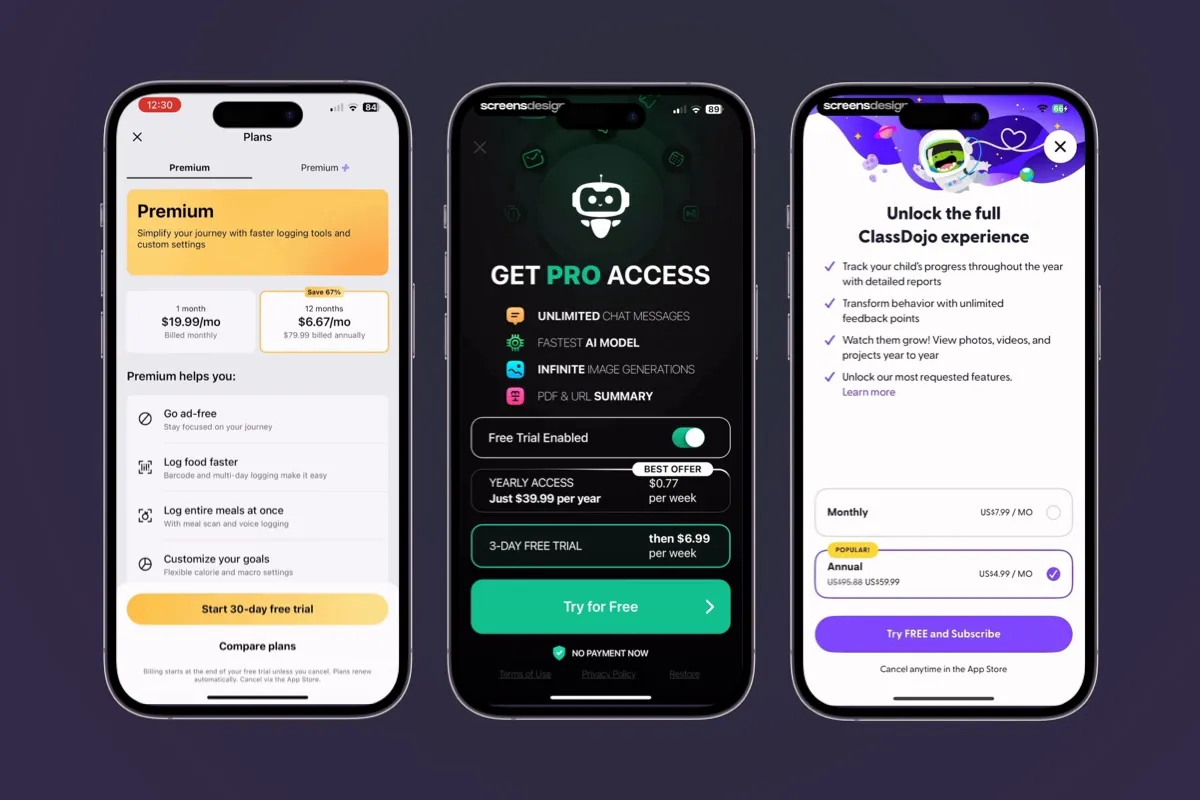 Value stack paywall examples from MyFitnessPal, ChatOn AI, and ClassDojo