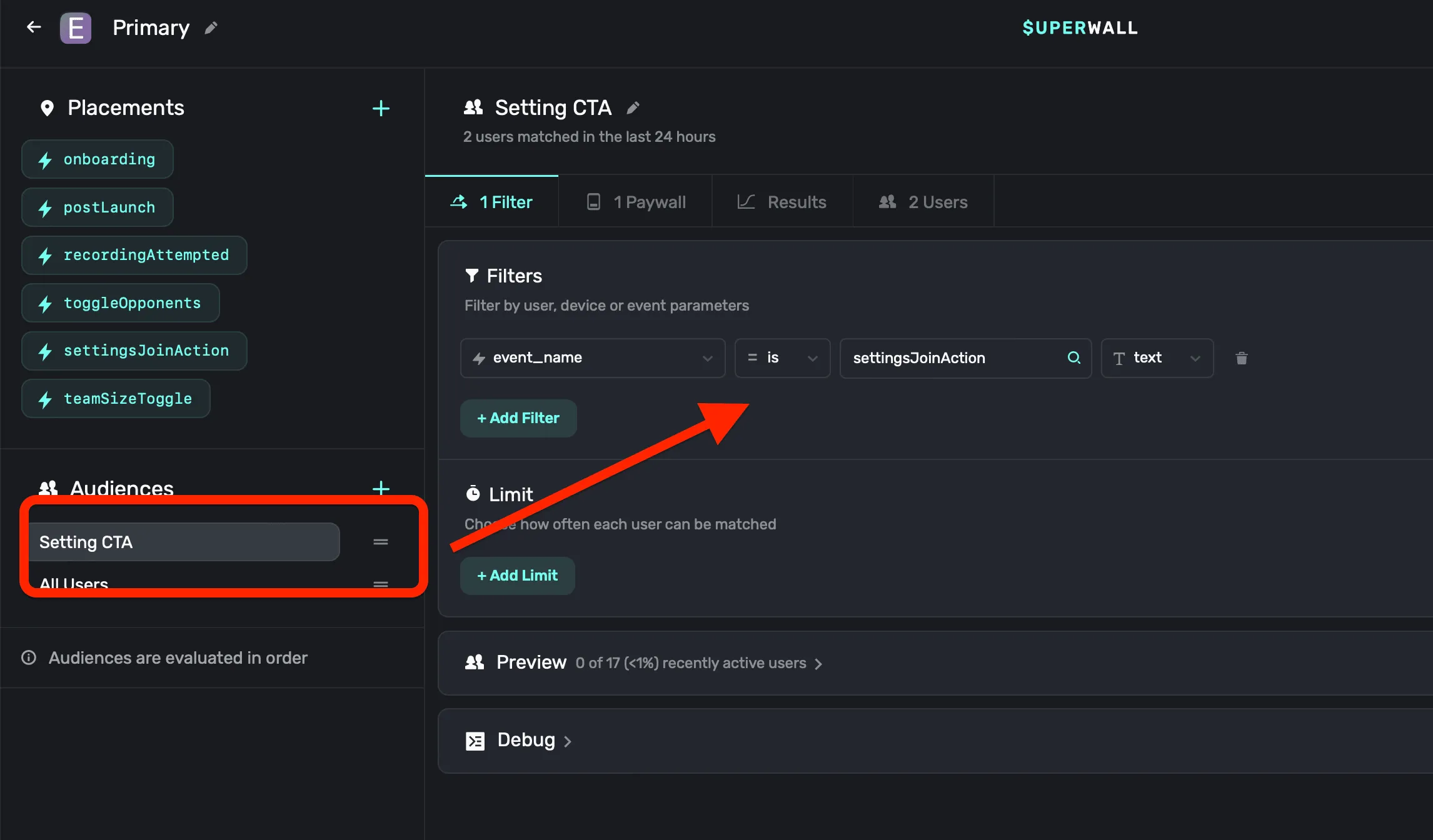 Audience filter to show a paywall based on a placement