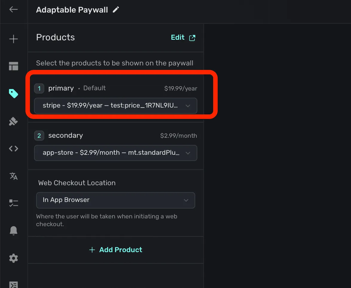 Selecting a Stripe product to use on your iOS paywall.