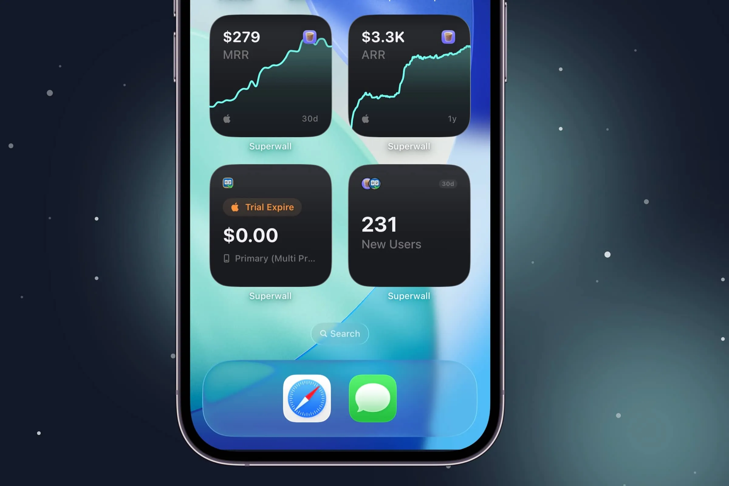 MRR, ARR, and Recent Transaction widgets on the iOS home screen