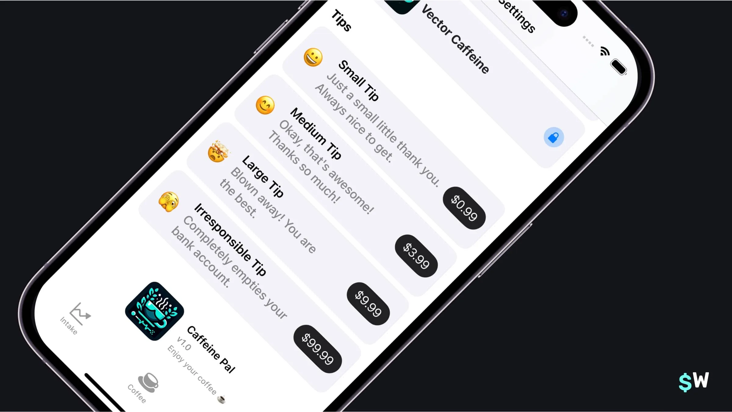 Caffeine Pal with tip prices showing