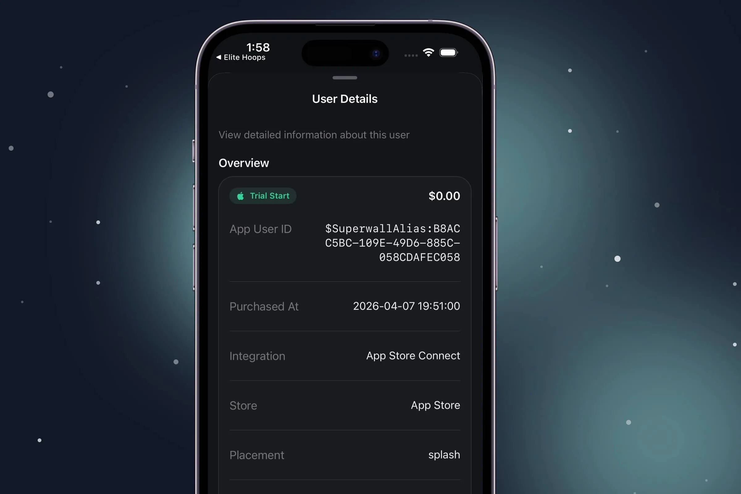 A detailed transaction breakdown with SDK events and purchase information