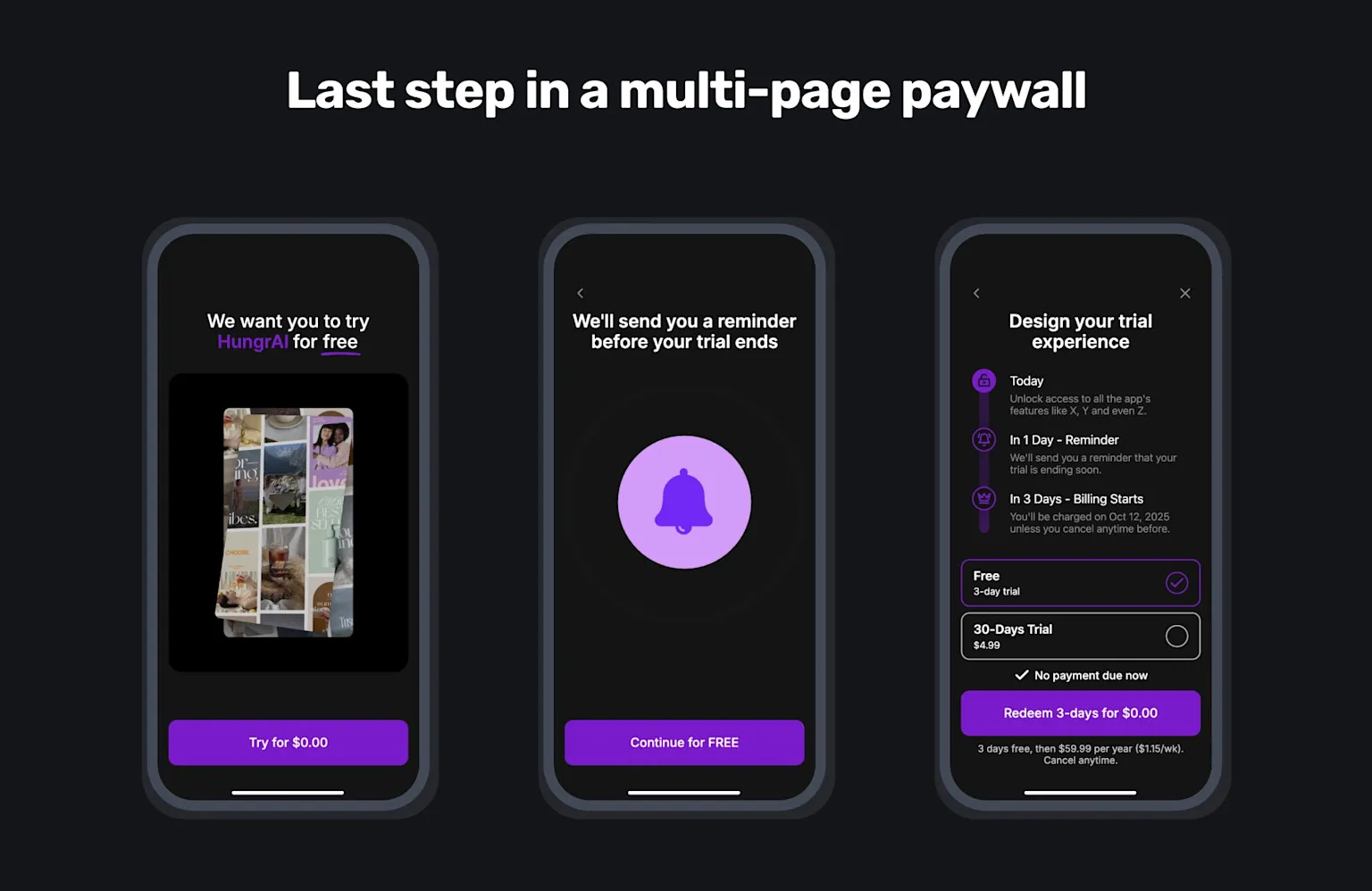 The multi-page paywall paired with the trial design UX.