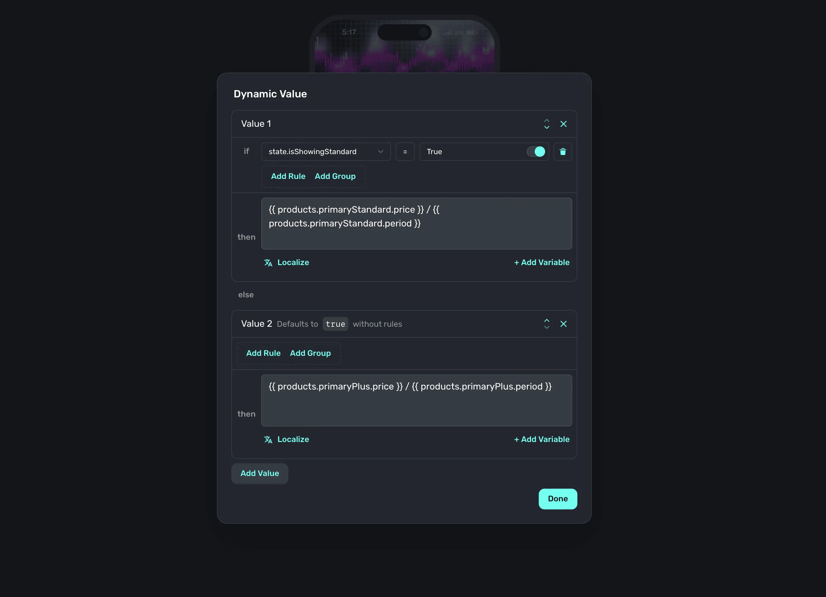 Setting our tap action to use a dynamic value