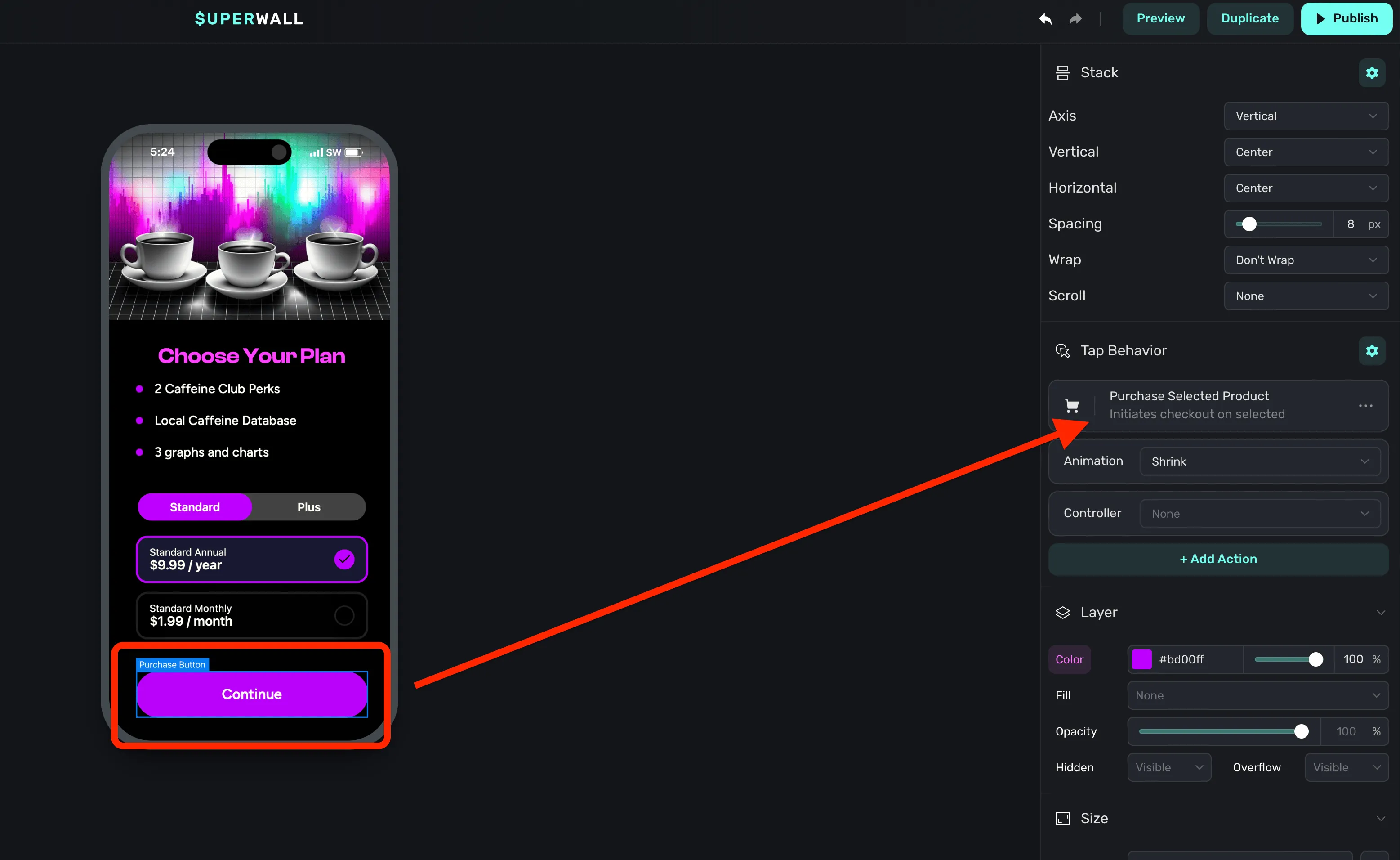Setting a button to purchase the selected product