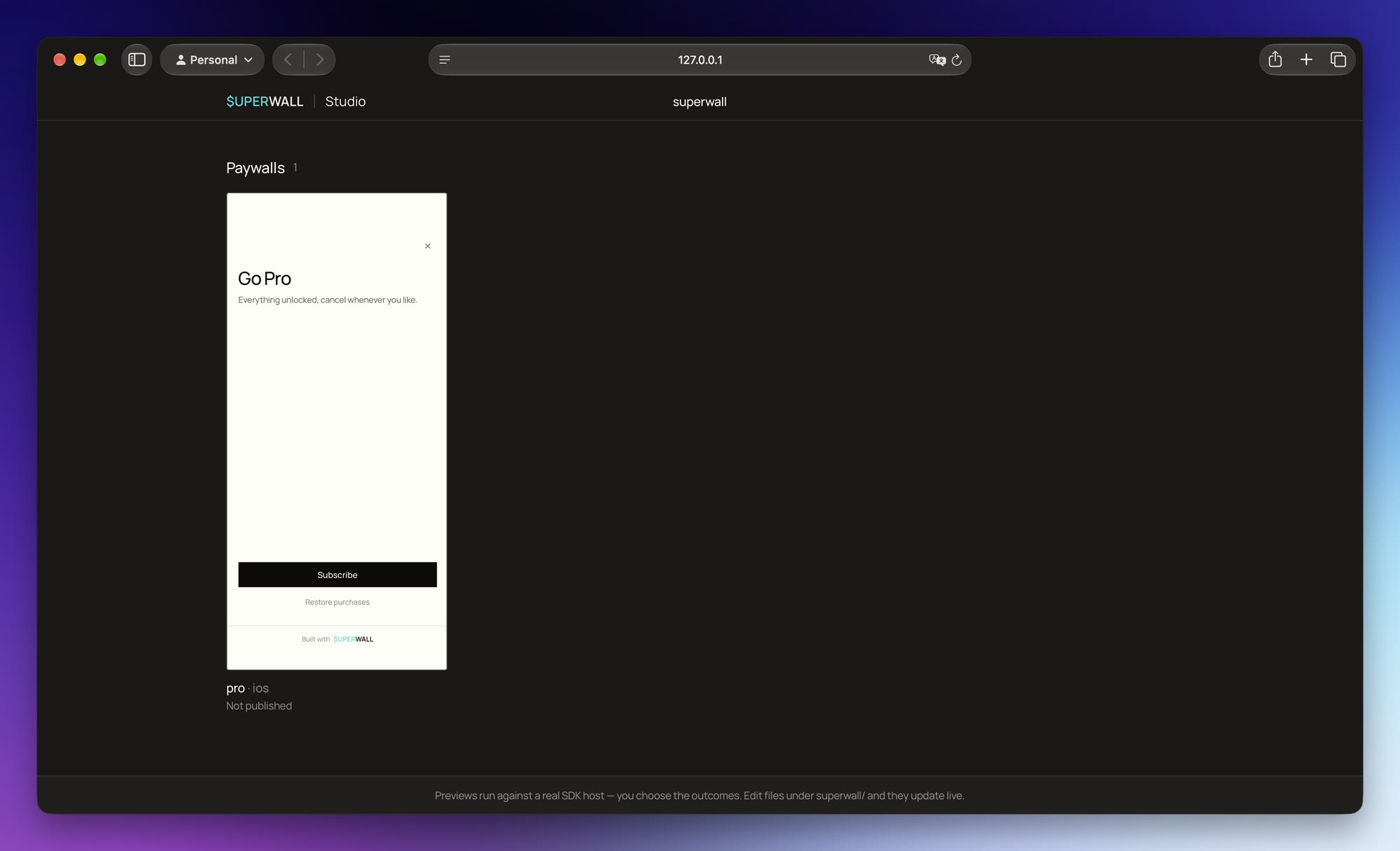 The studio open in a browser, listing the project's paywalls with a live preview of each