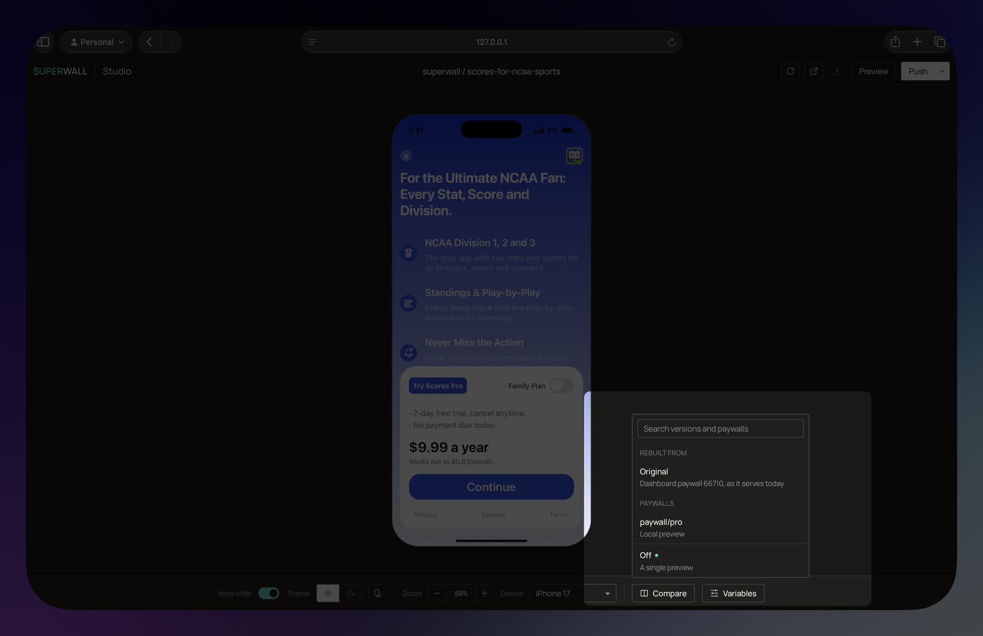 The studio's Compare menu, with Original (the dashboard paywall as it serves today) listed under Rebuilt from
