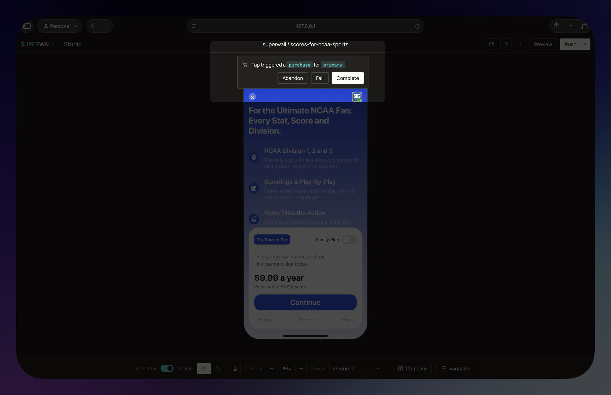 The studio's purchase prompt with Complete, Abandon, and Fail options, and the preview toolbar
