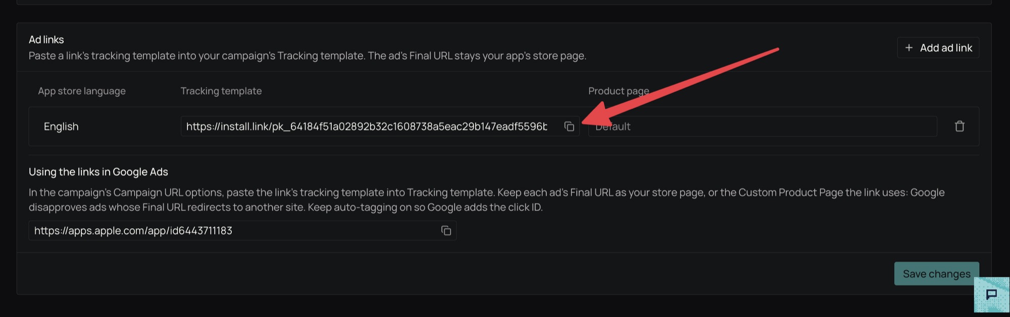 A saved English ad link with the copy button beside its tracking template