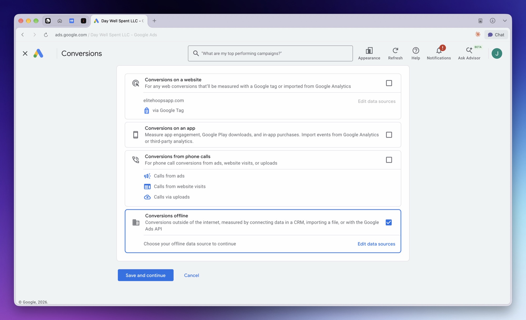 The Conversions data source list with only Conversions offline checked, above the Save and continue button