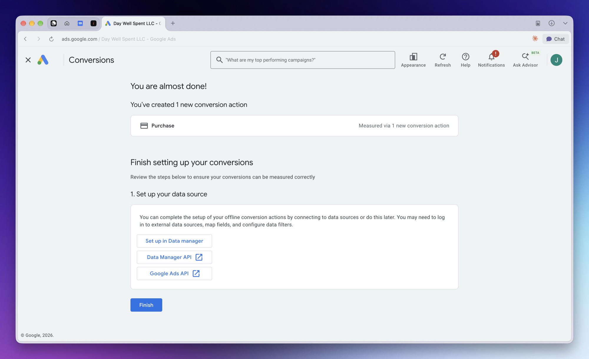 The You are almost done page listing the new Purchase conversion action, with data source buttons under Set up your data source and the Finish button below