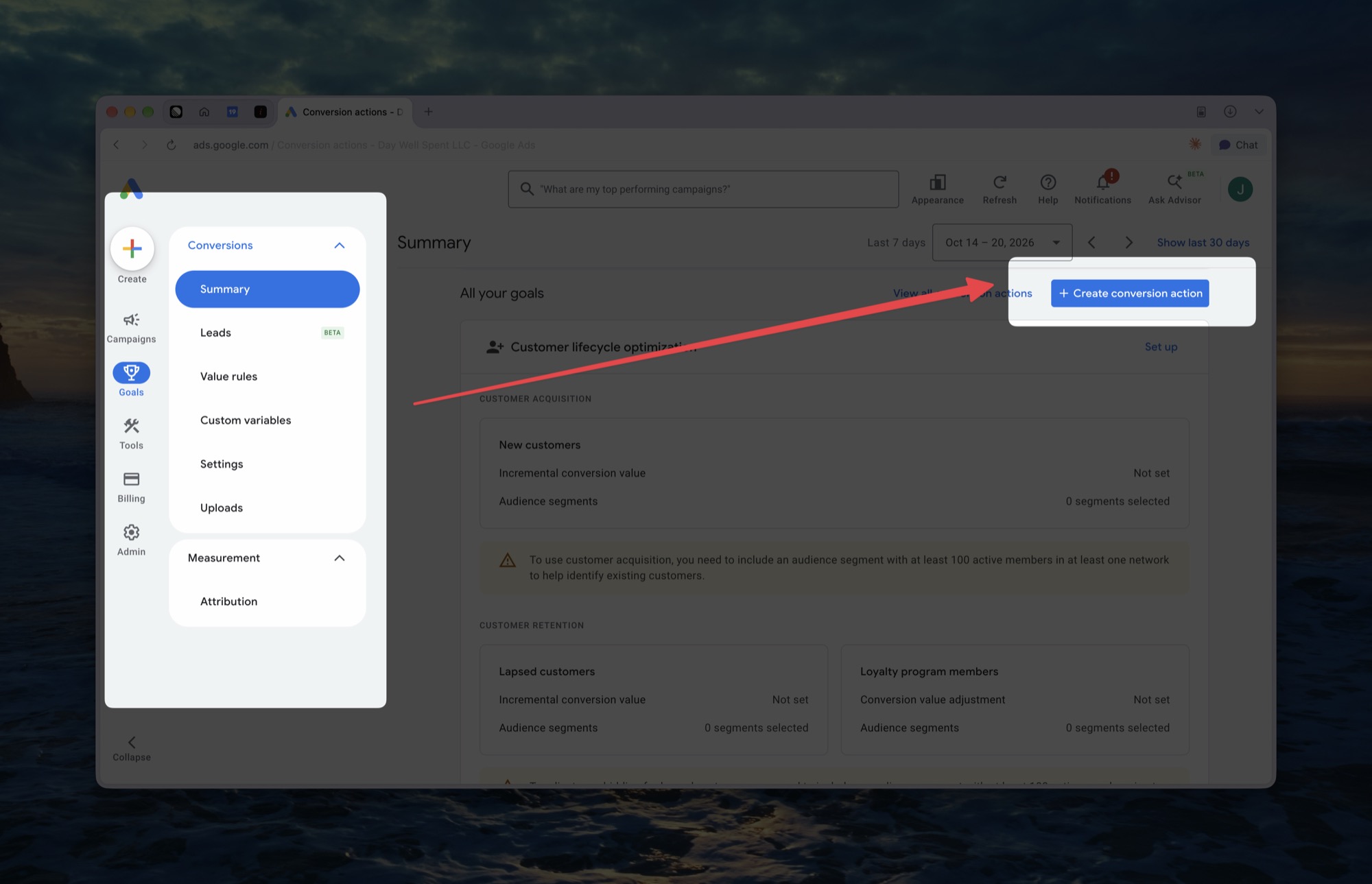 The Google Ads Goals menu with Conversions > Summary selected and the Create conversion action button at the top right of the Summary page