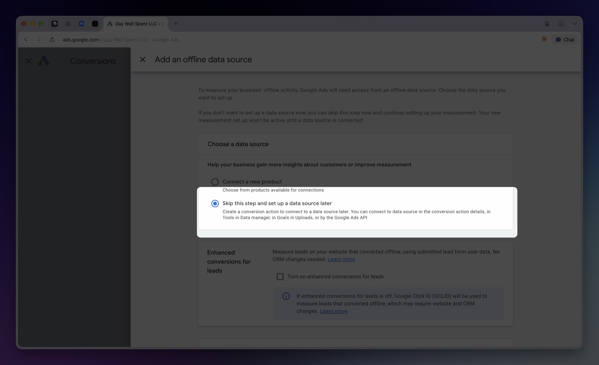 The Add an offline data source panel with Skip this step and set up a data source later selected