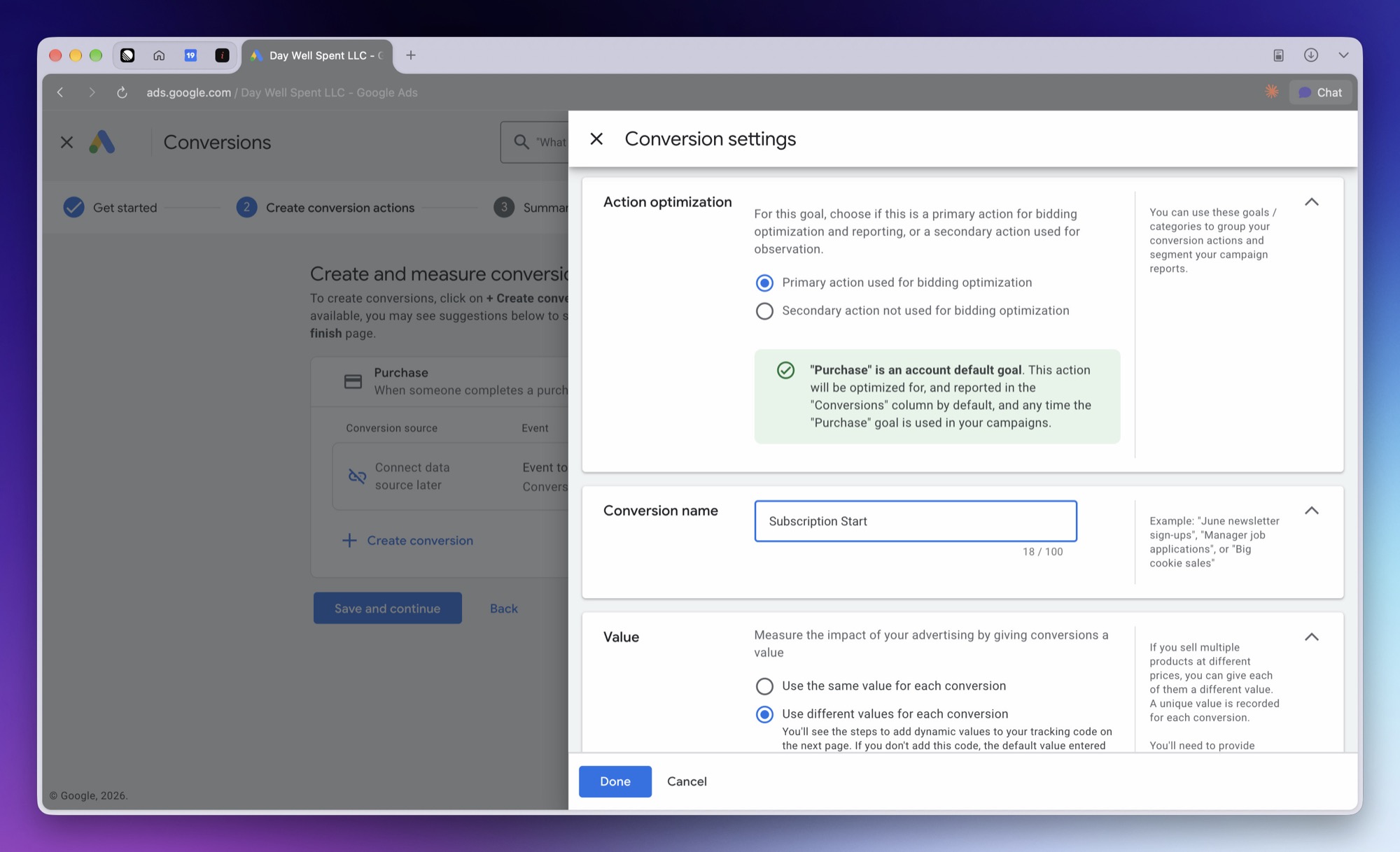 The Conversion settings panel with Primary action used for bidding optimization selected and a name entered under Conversion name