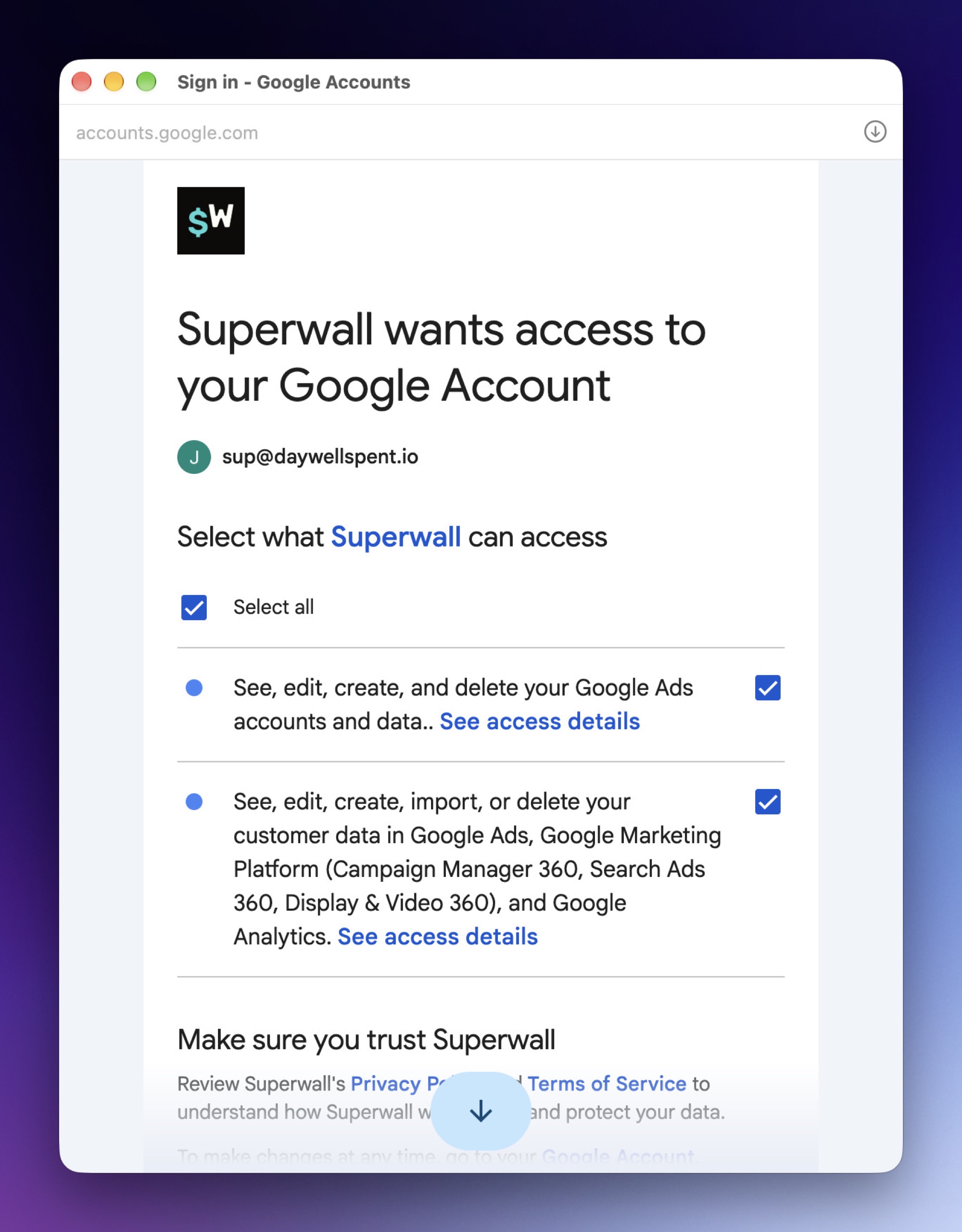 Google's Superwall wants access to your Google Account screen with Select all and both Google Ads and customer data permissions checked