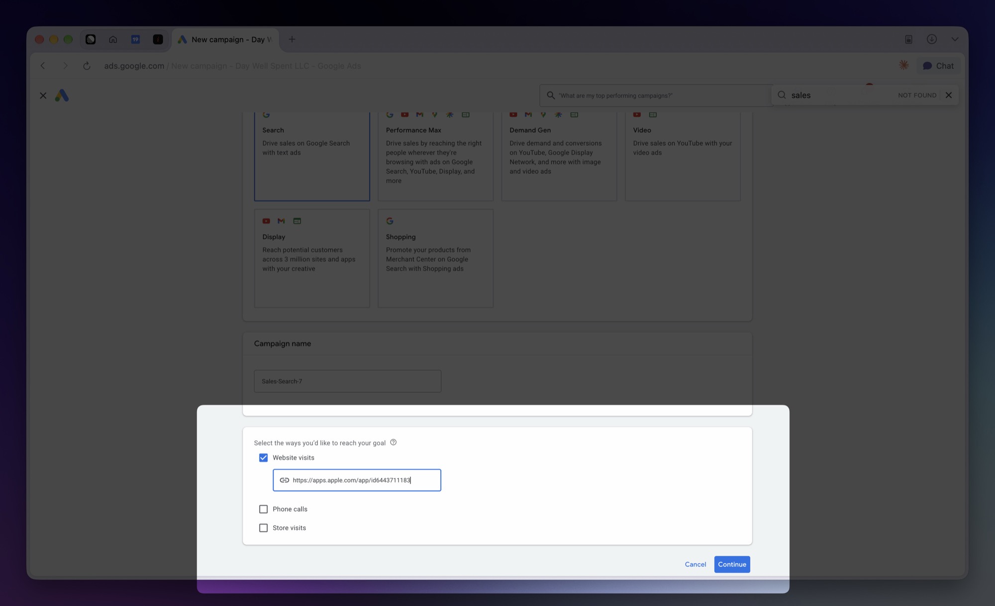 Search selected as the campaign type, with only Website visits checked and the App Store URL entered