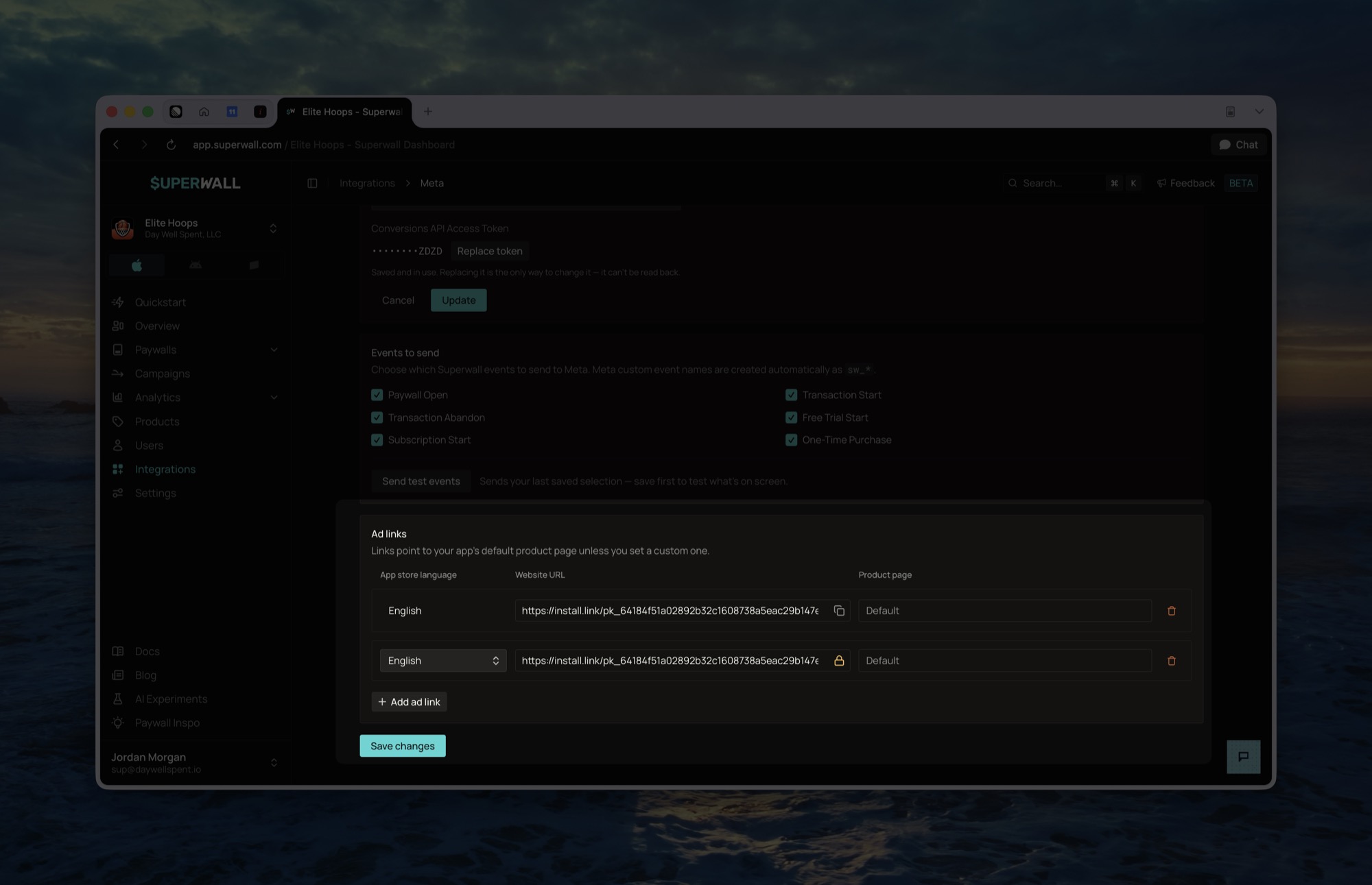 The Ad links table with a saved English row showing a copyable Website URL and Default product page, and an unsaved English row showing a padlock
