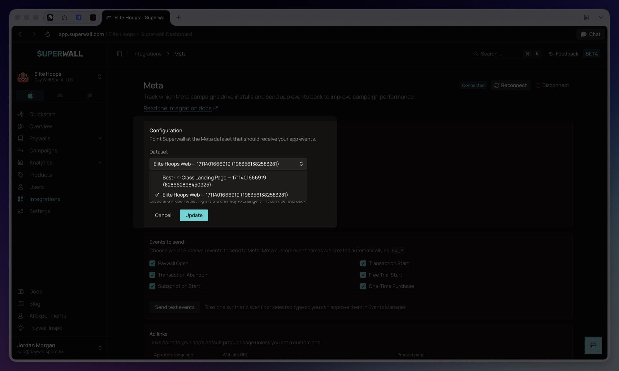 The Configuration card with the Dataset dropdown open, listing datasets labelled by their owning business and ID