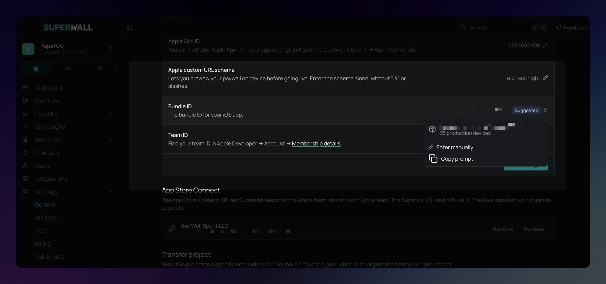The Bundle ID row in Settings with its dropdown open: the suggested bundle ID with its production devices, then Enter manually and Copy prompt