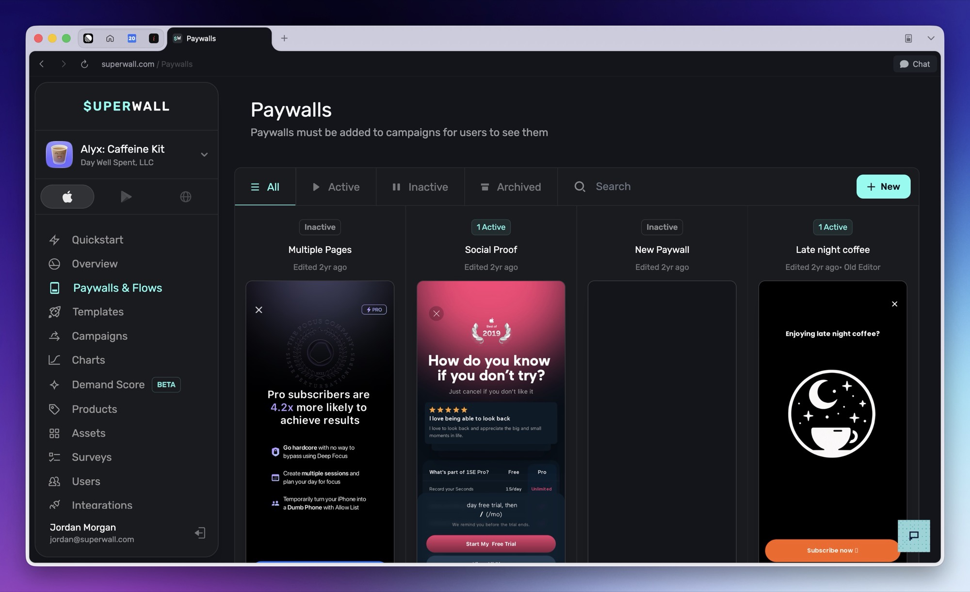 The Superwall dashboard with the Superwall AI launcher bubble in the bottom-right corner.