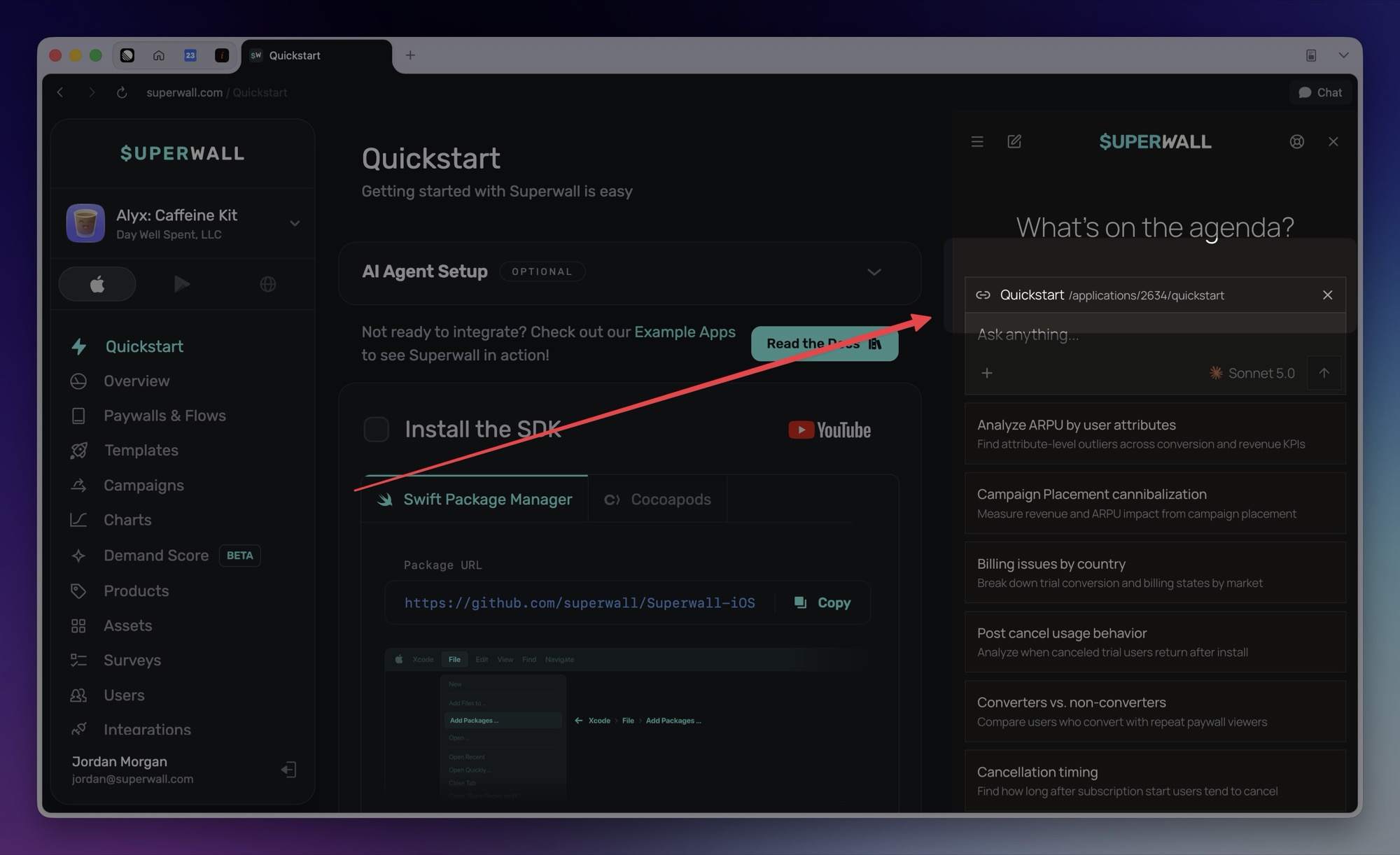 The Superwall AI panel on the Quickstart page, with the page-context chip reading Quickstart.