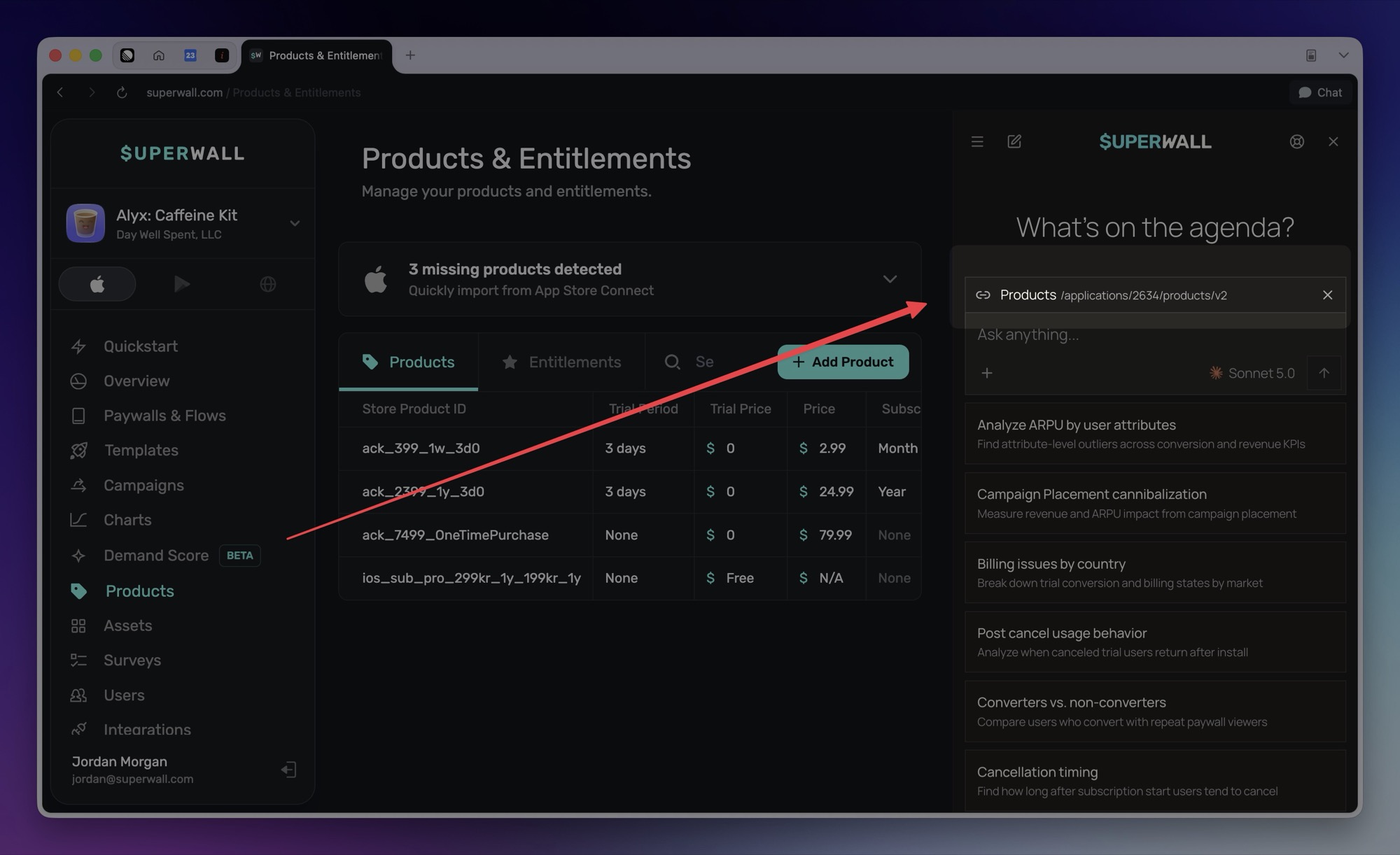 After navigating to Products & Entitlements, the page-context chip now reads Products.