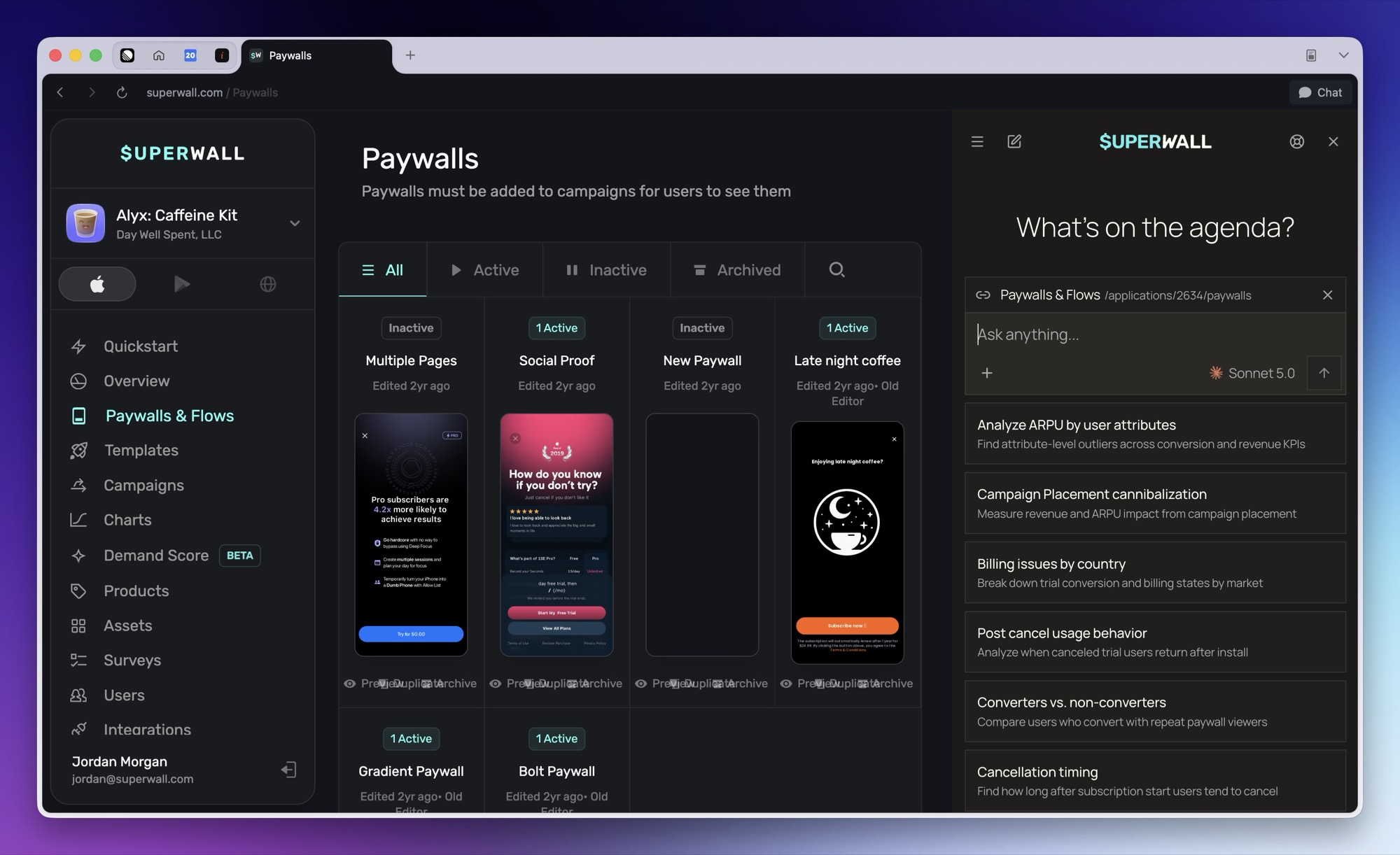The Superwall AI panel open in the dashboard, showing the page-context chip, the composer, the model picker, and suggested prompts.