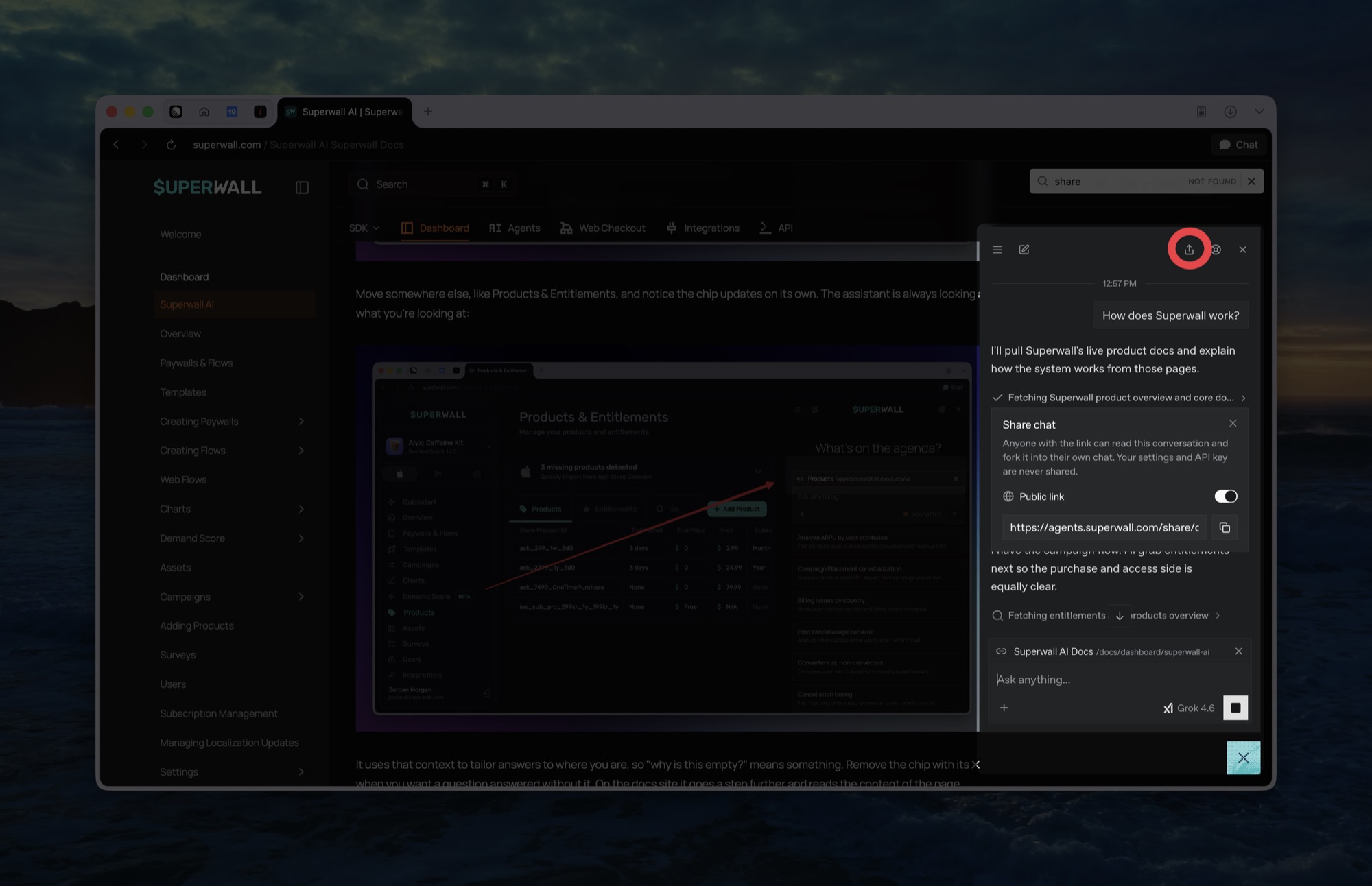The Superwall AI panel with the share icon in the top bar, generating a public link to the conversation.
