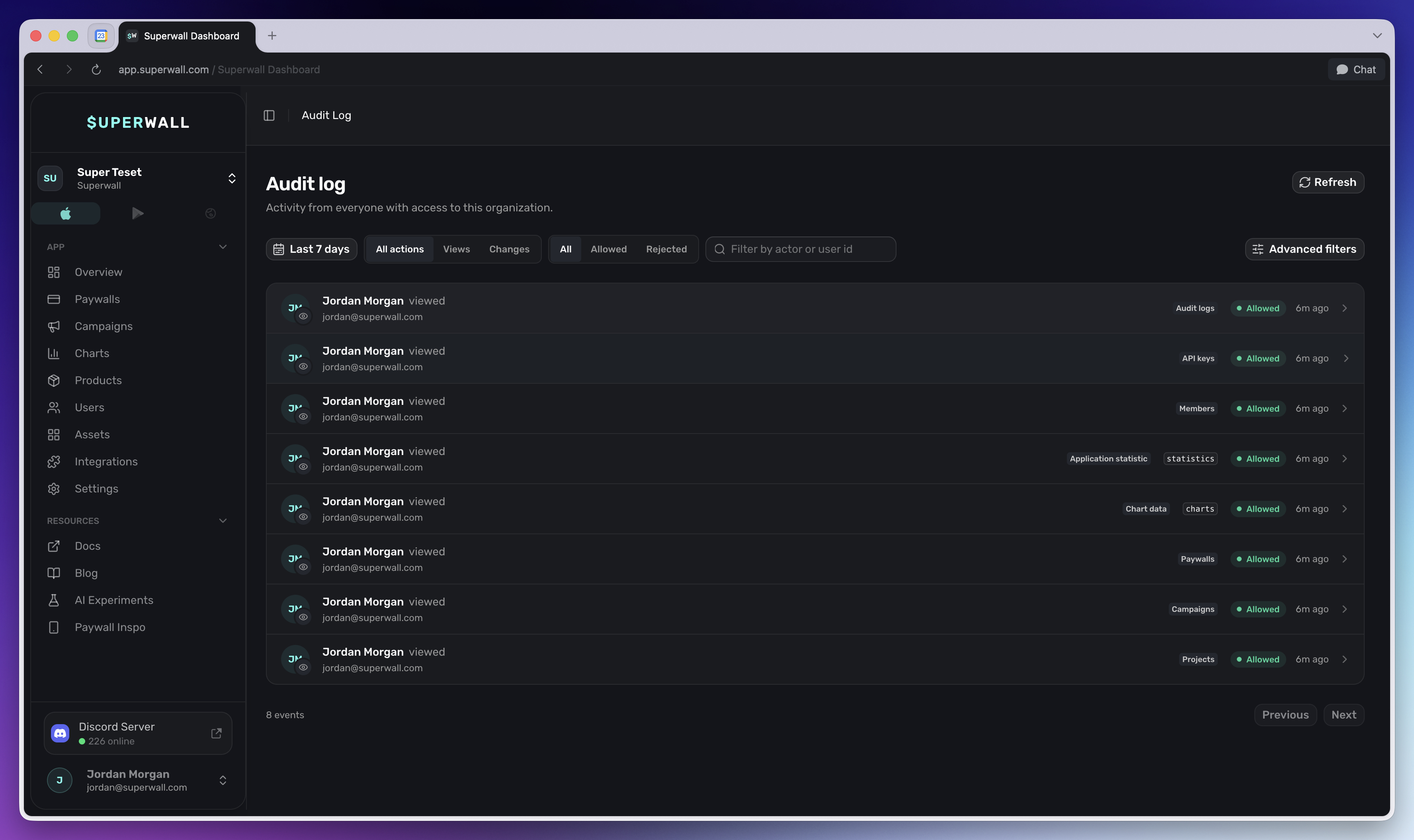 Dashboard v2 Audit Log list with filters and event rows