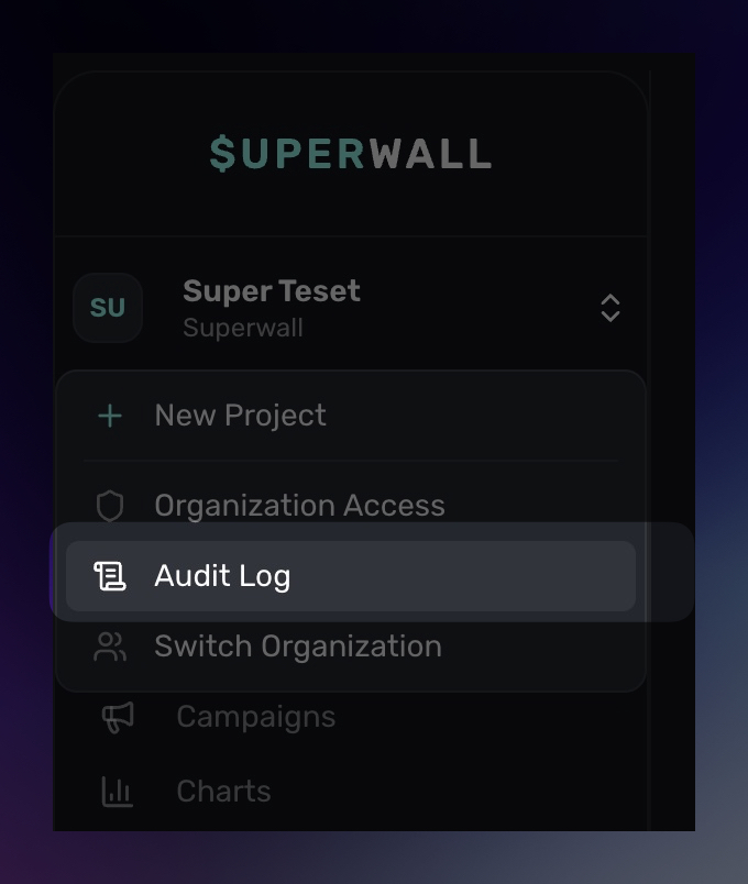 Dashboard v2 sidebar with Audit Log in the organization and project switcher