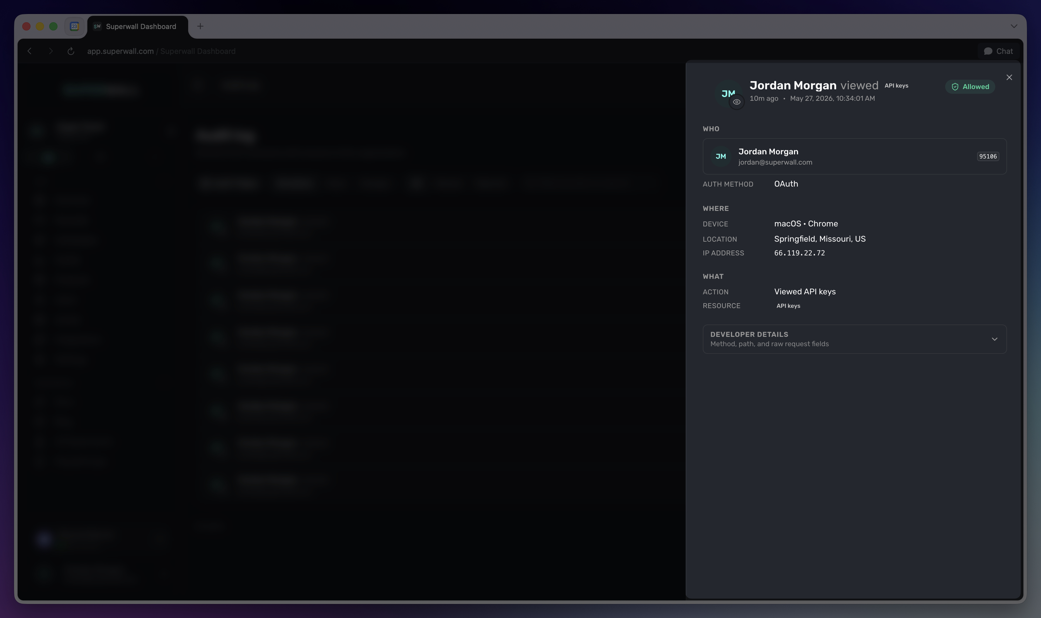 Audit Log entry detail sheet showing actor, request context, resource, changes, and developer details