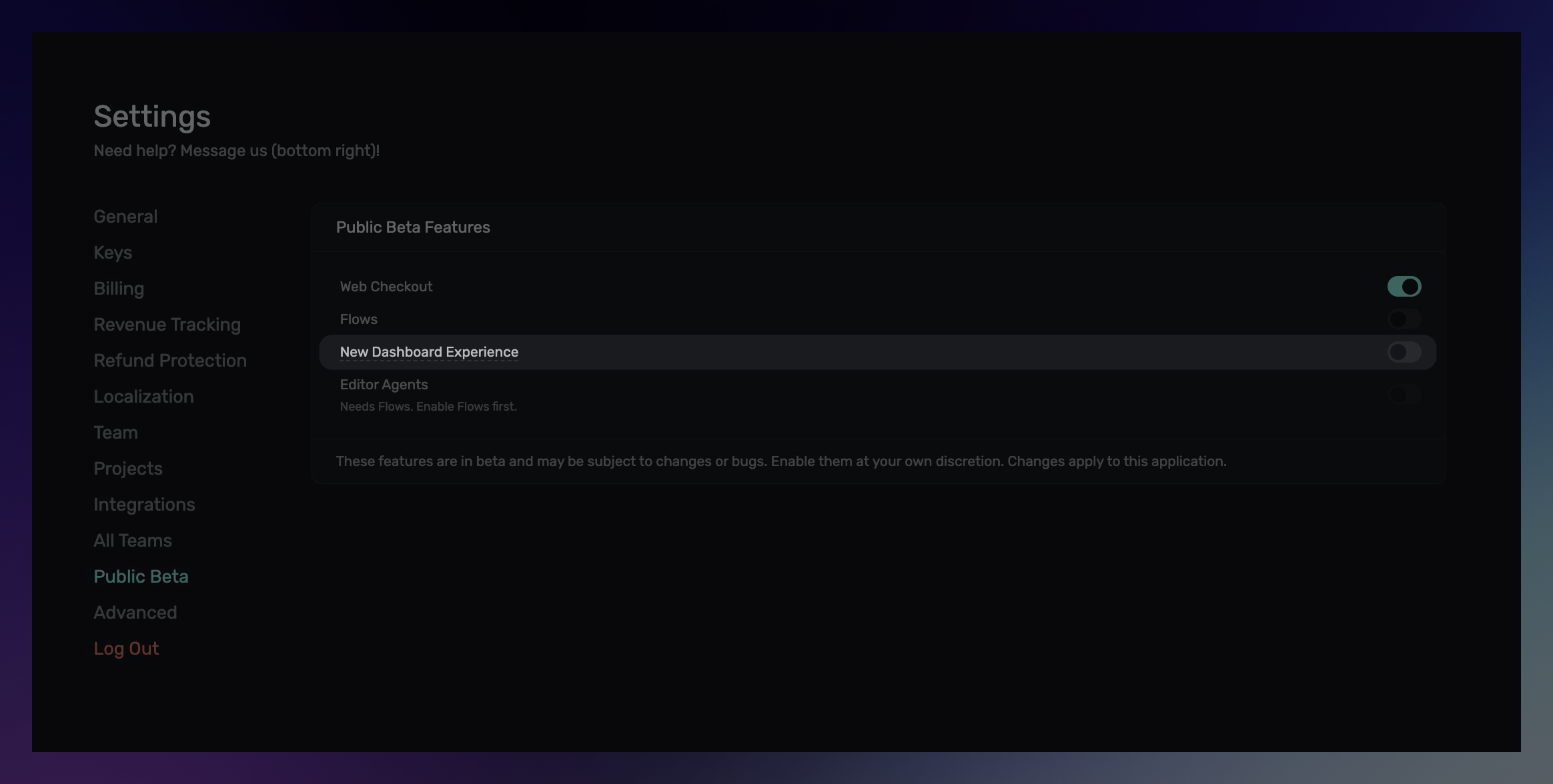 Public Beta settings with Dashboard v2 enabled