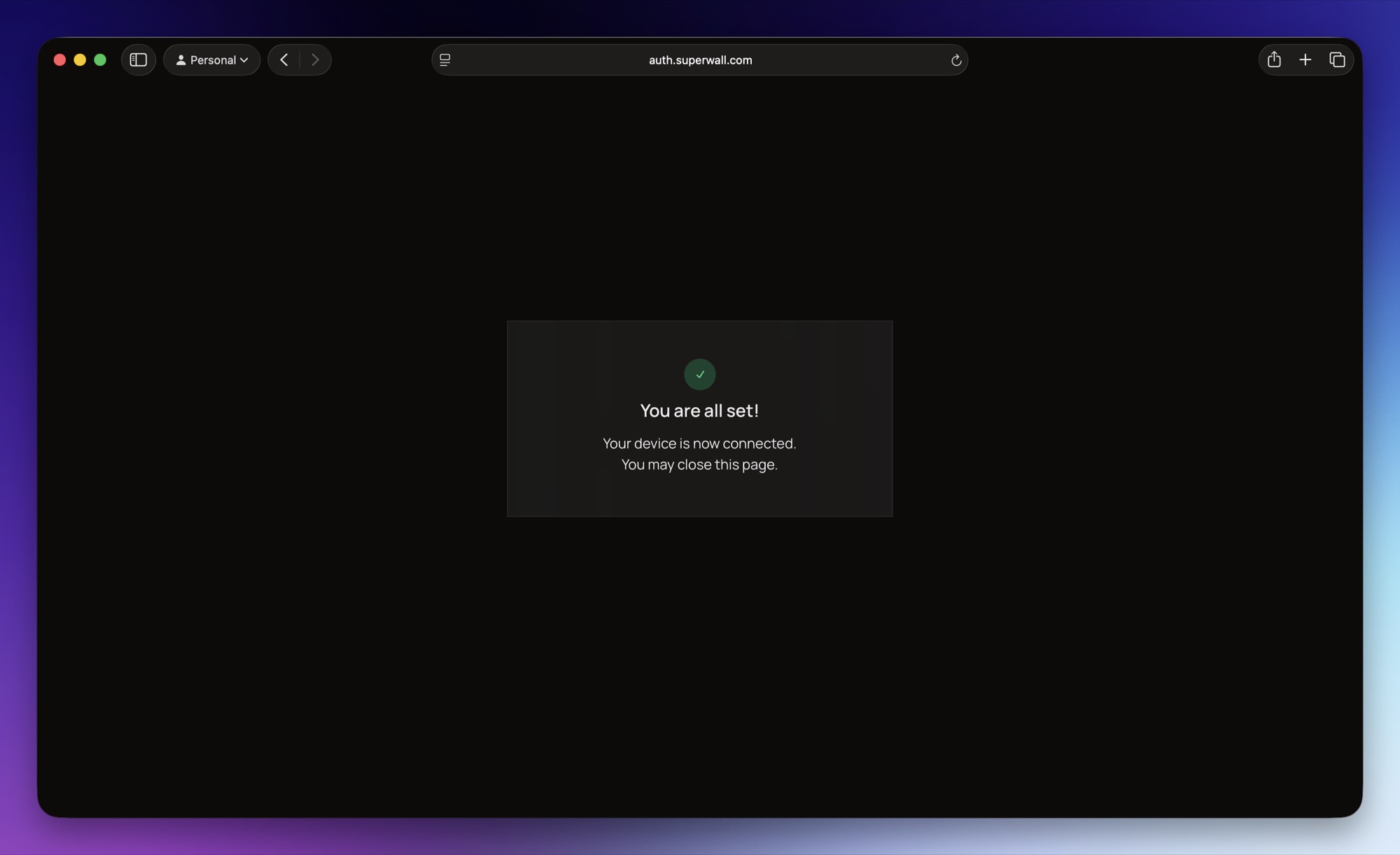 The auth.superwall.com confirmation page after approving the login, telling you the device is connected and the page can be closed.