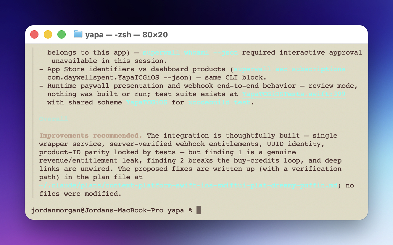 The end of a superwall review report on an iOS app, summarizing verified strengths, genuine findings, and a plan file with proposed fixes. No files were modified.