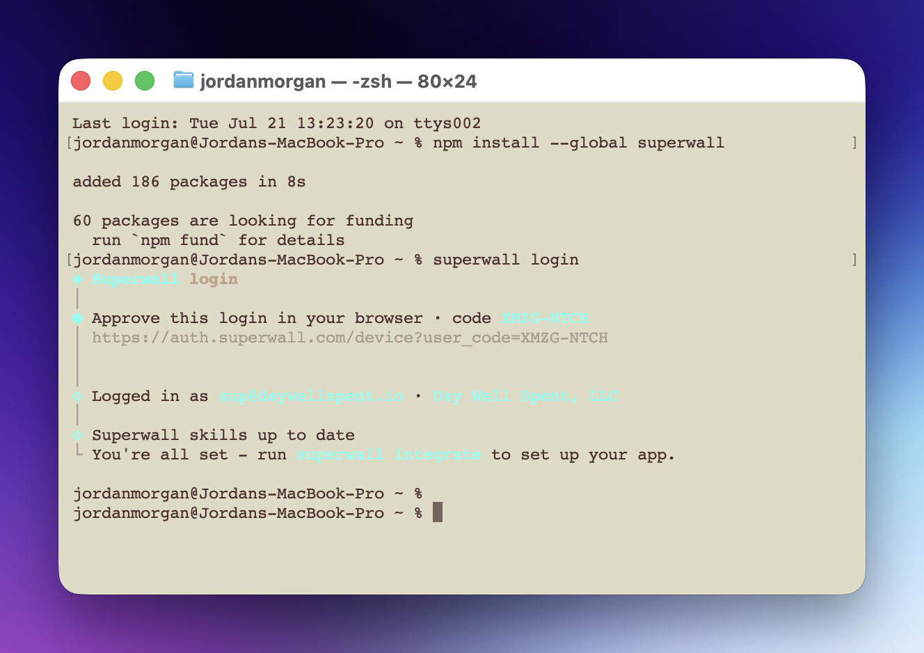 Running superwall login in the terminal. The CLI shows a device code, waits for browser approval, then confirms the logged-in account and checks the agent skills.