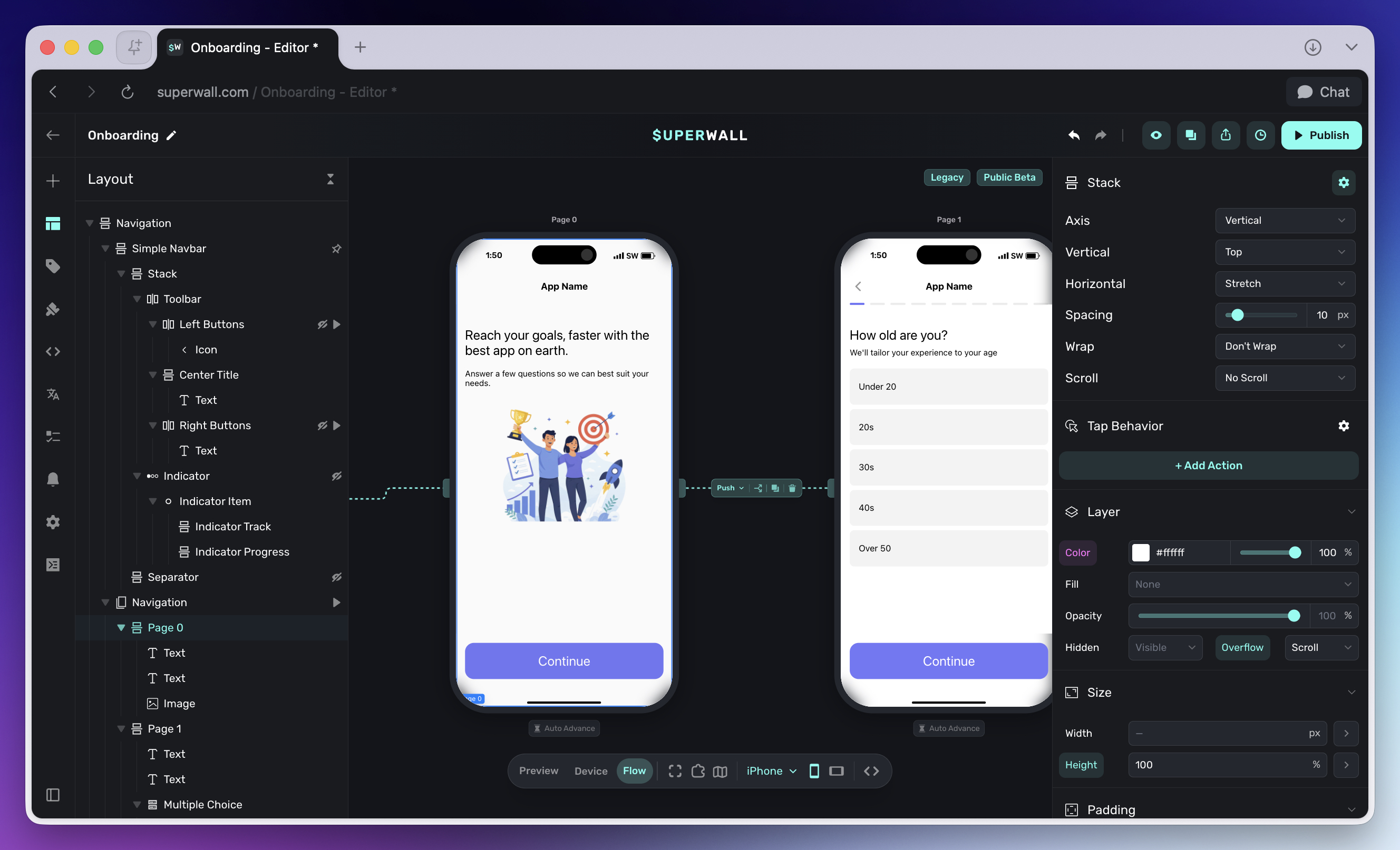 Onboarding Flow canvas with welcome, goals, permission, paywall, and start screens