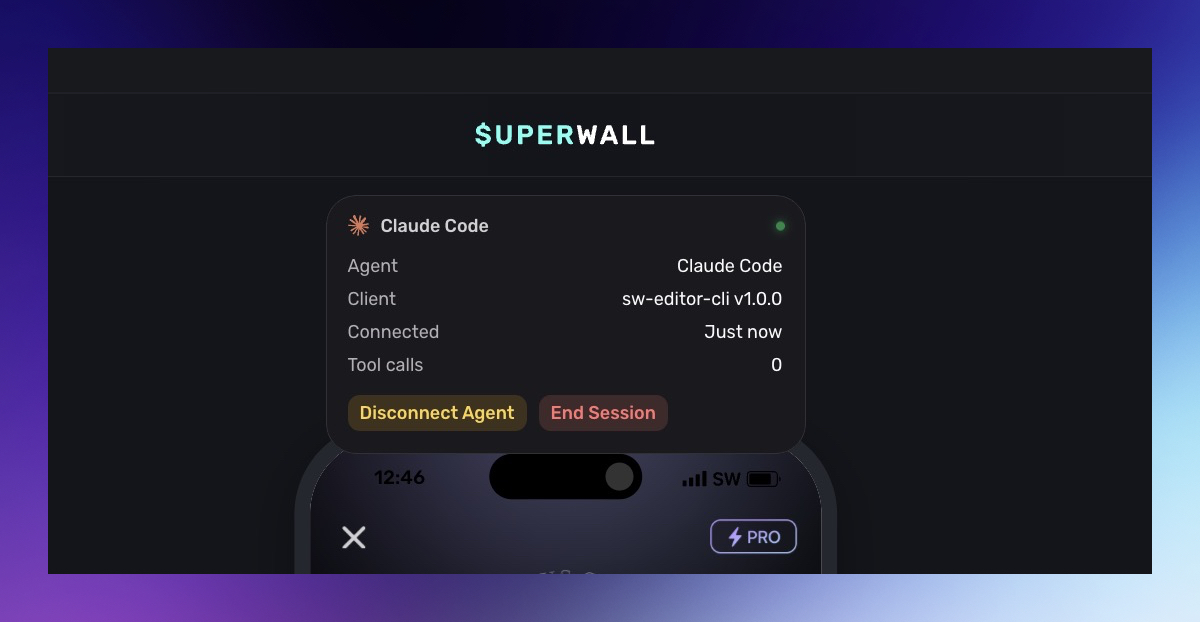 Editor MCP connection panel showing a connected agent and tool activity