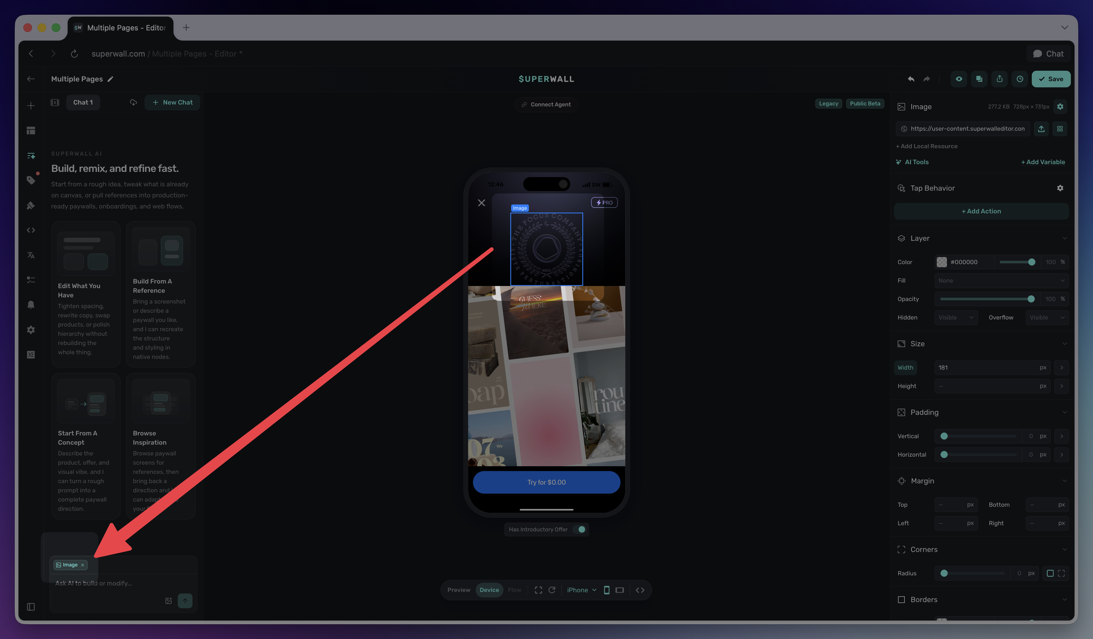 AI Chat composer showing selected element context and an attached image
