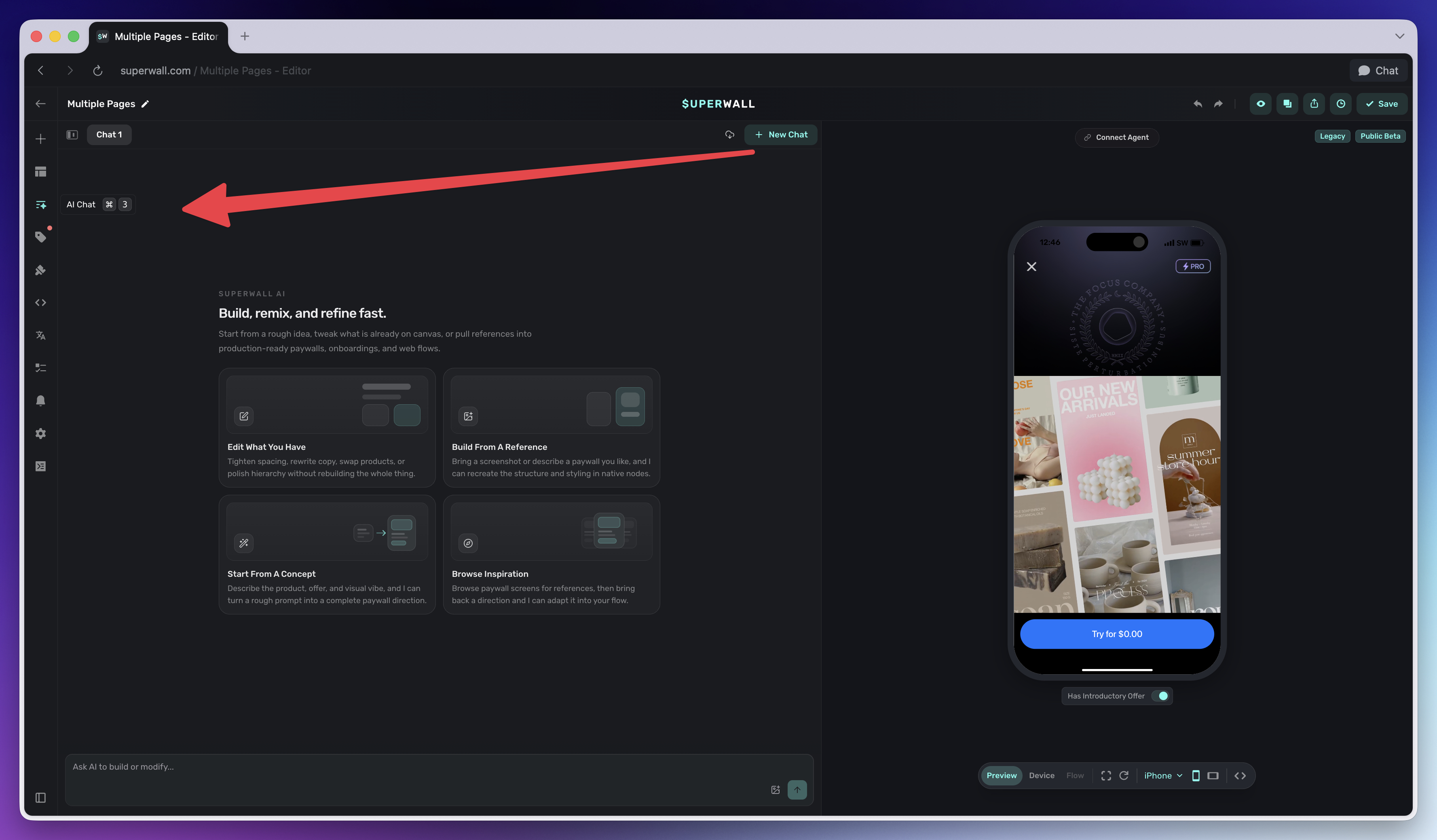 AI Chat sidebar open in the paywall editor