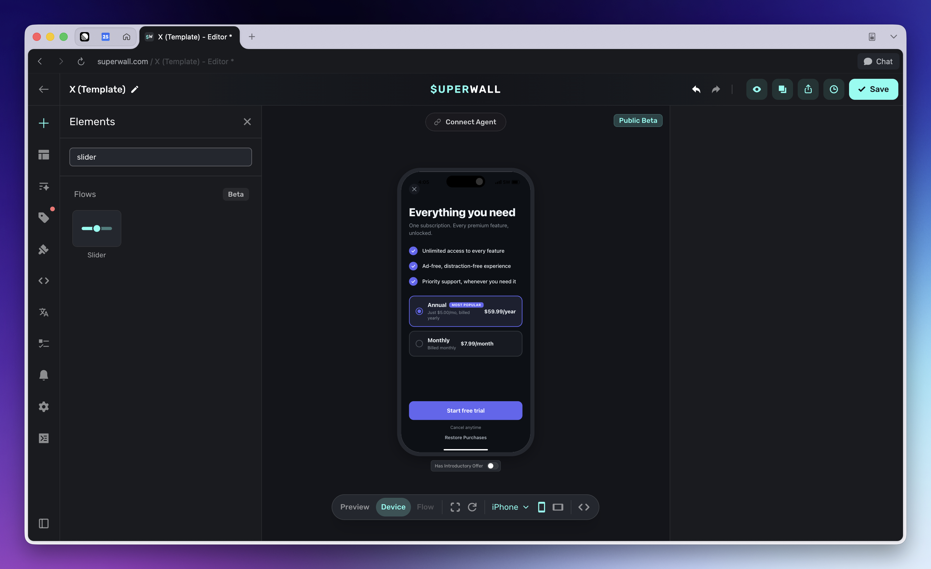 Slider element in the paywall editor add menu