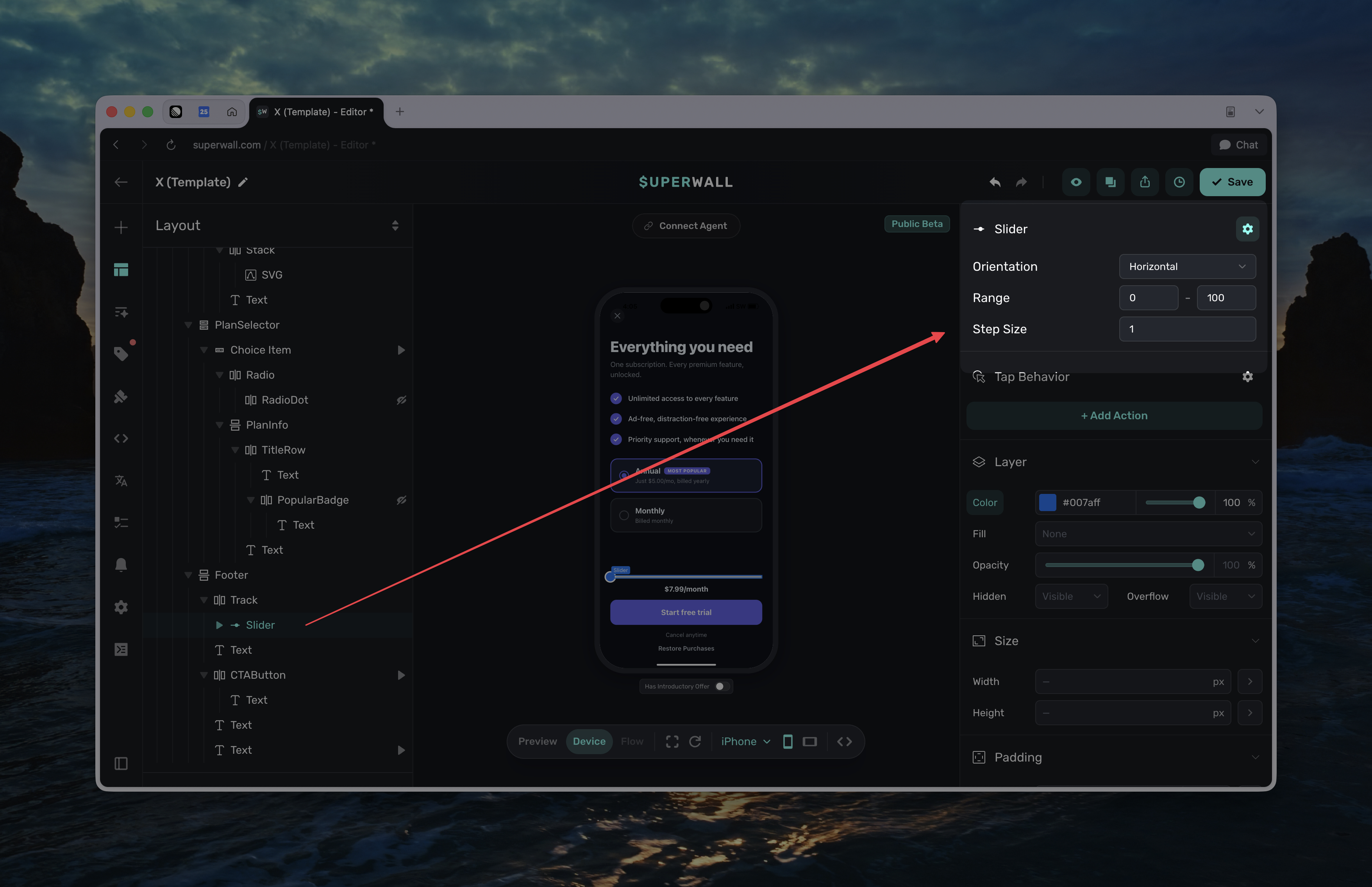 Slider range and step settings in the paywall editor